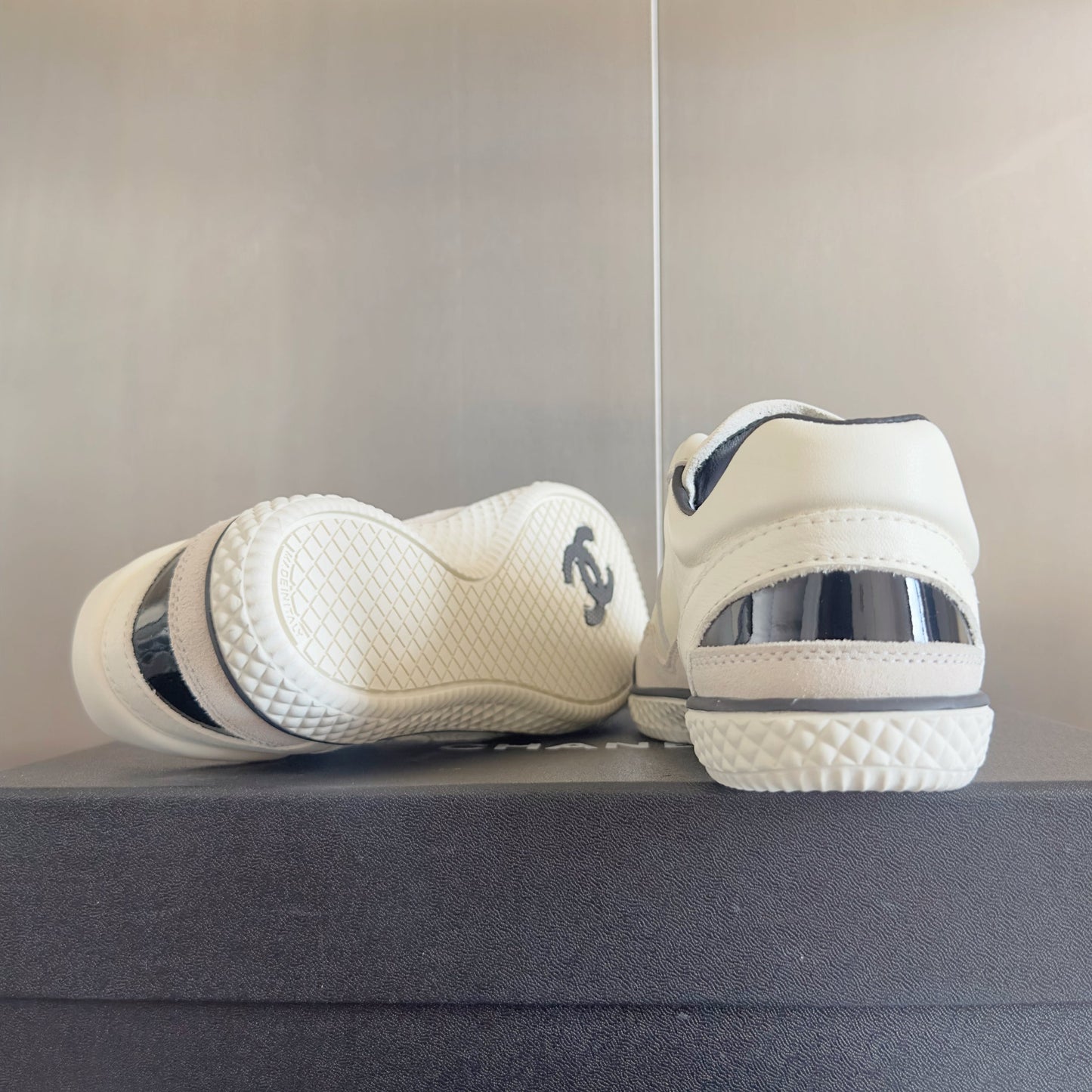 CHANEL 25S SNEAKERS WITH PATENT TOE 20MM IN WHITE CALFSKIN - 35