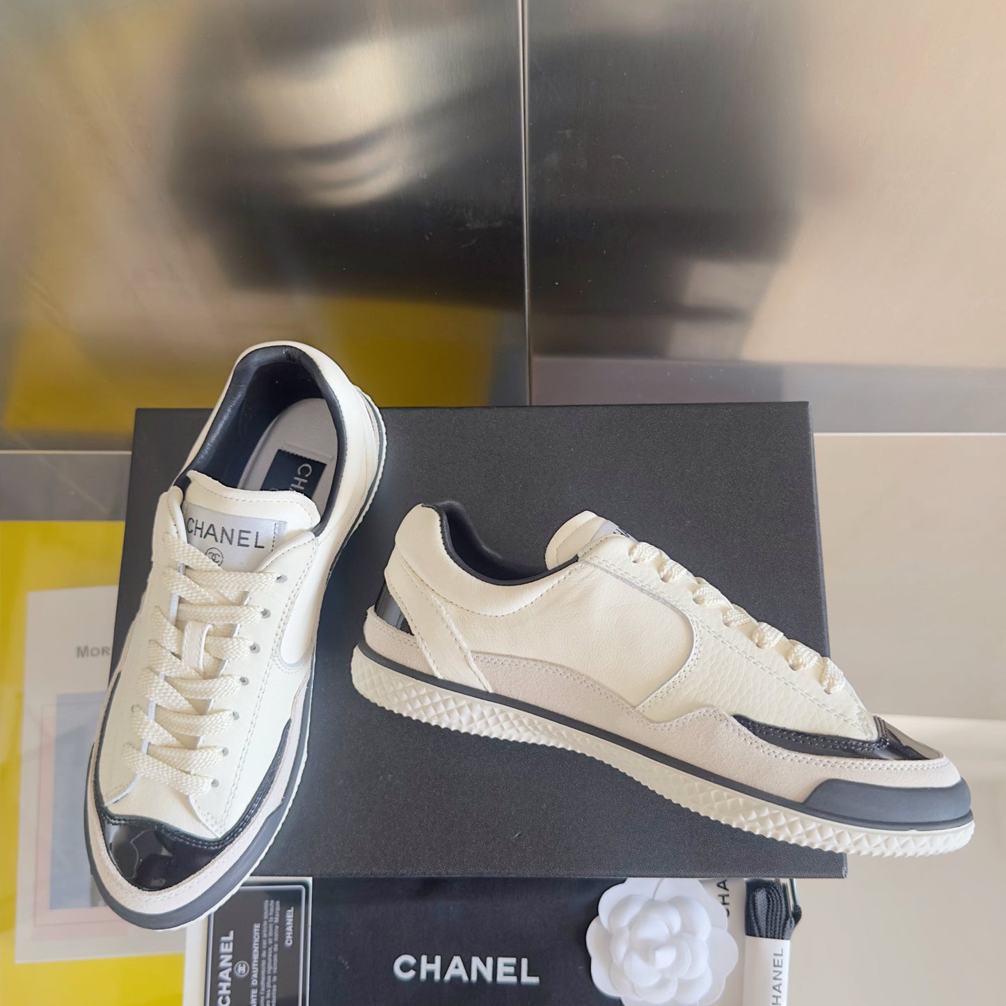CHANEL 25S SNEAKERS WITH PATENT TOE 20MM IN WHITE CALFSKIN - 35