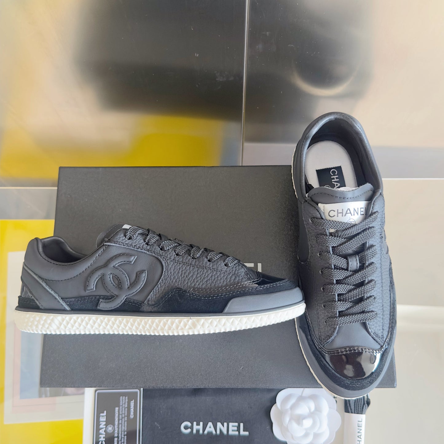 CHANEL 25S SNEAKERS WITH PATENT TOE 20MM IN BLACK CALFSKIN - 35
