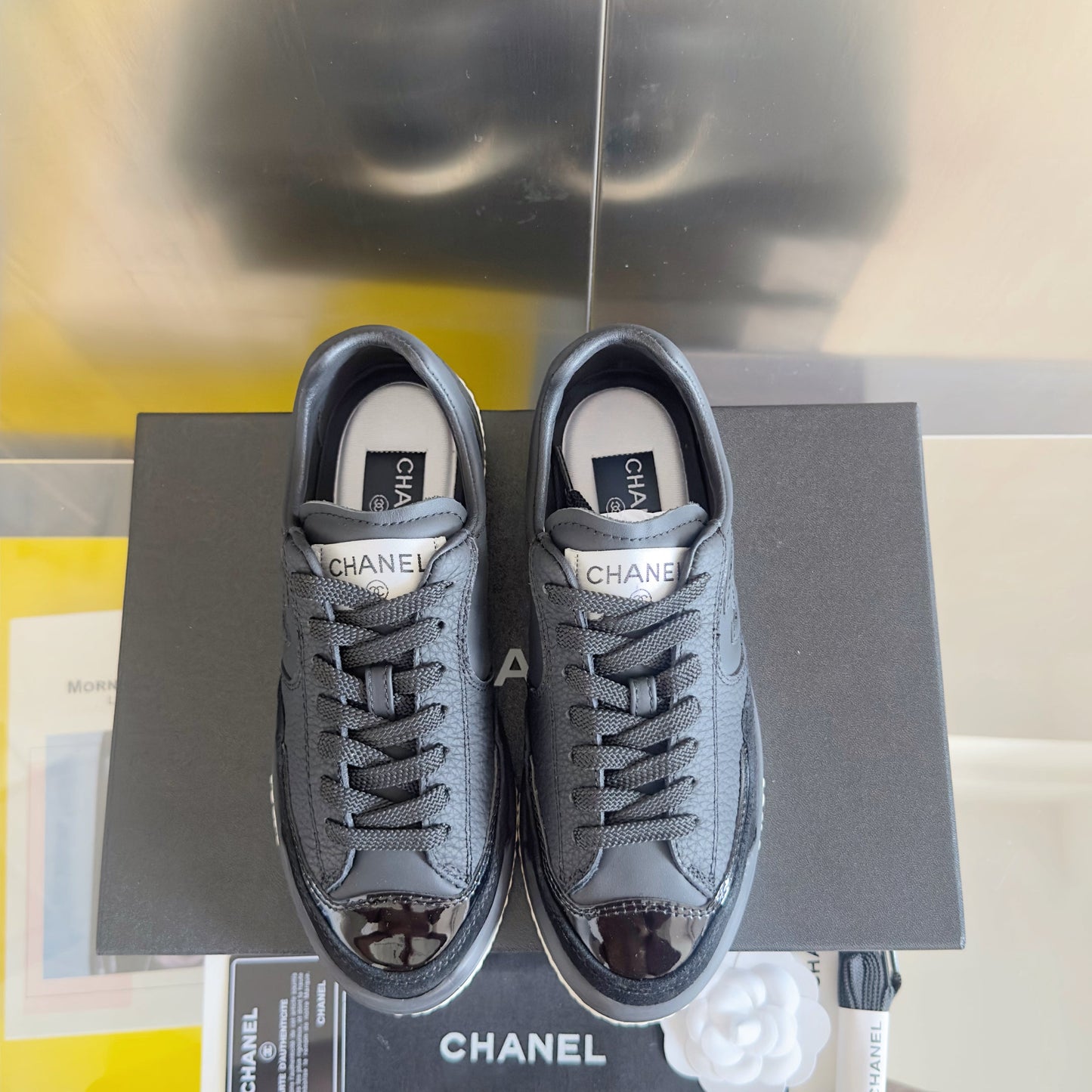 CHANEL 25S SNEAKERS WITH PATENT TOE 20MM IN BLACK CALFSKIN - 35