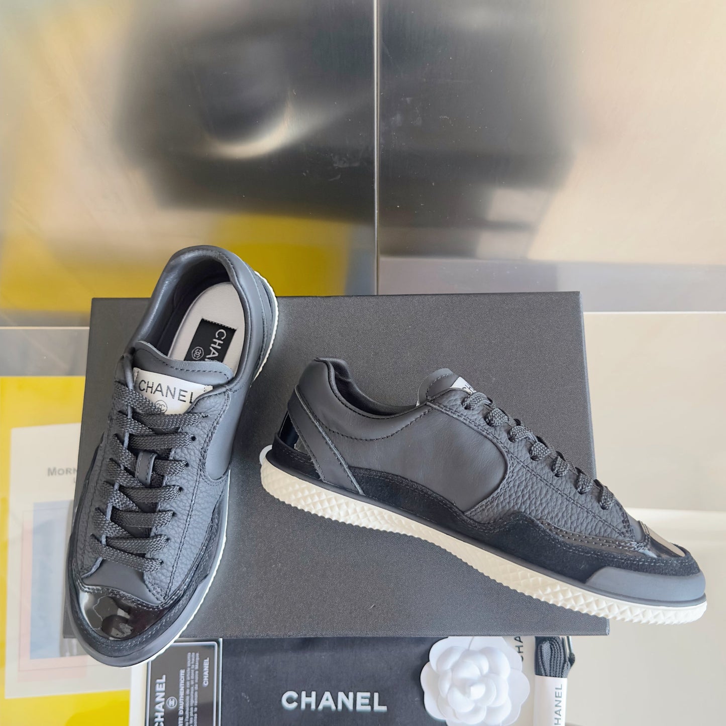 CHANEL 25S SNEAKERS WITH PATENT TOE 20MM IN BLACK CALFSKIN - 35