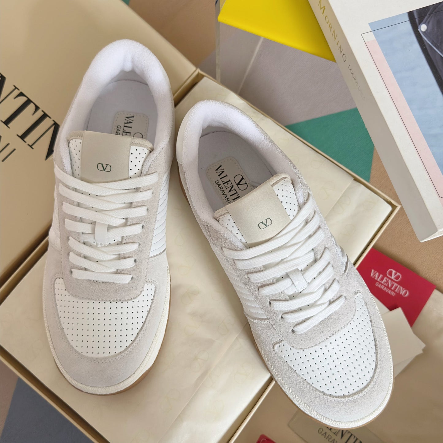 VALENTINO 25S GARAVANI FREEDOTS SNEAKERS IN BEIGE SUEDE AND WHITE LAMBSKIN - 35