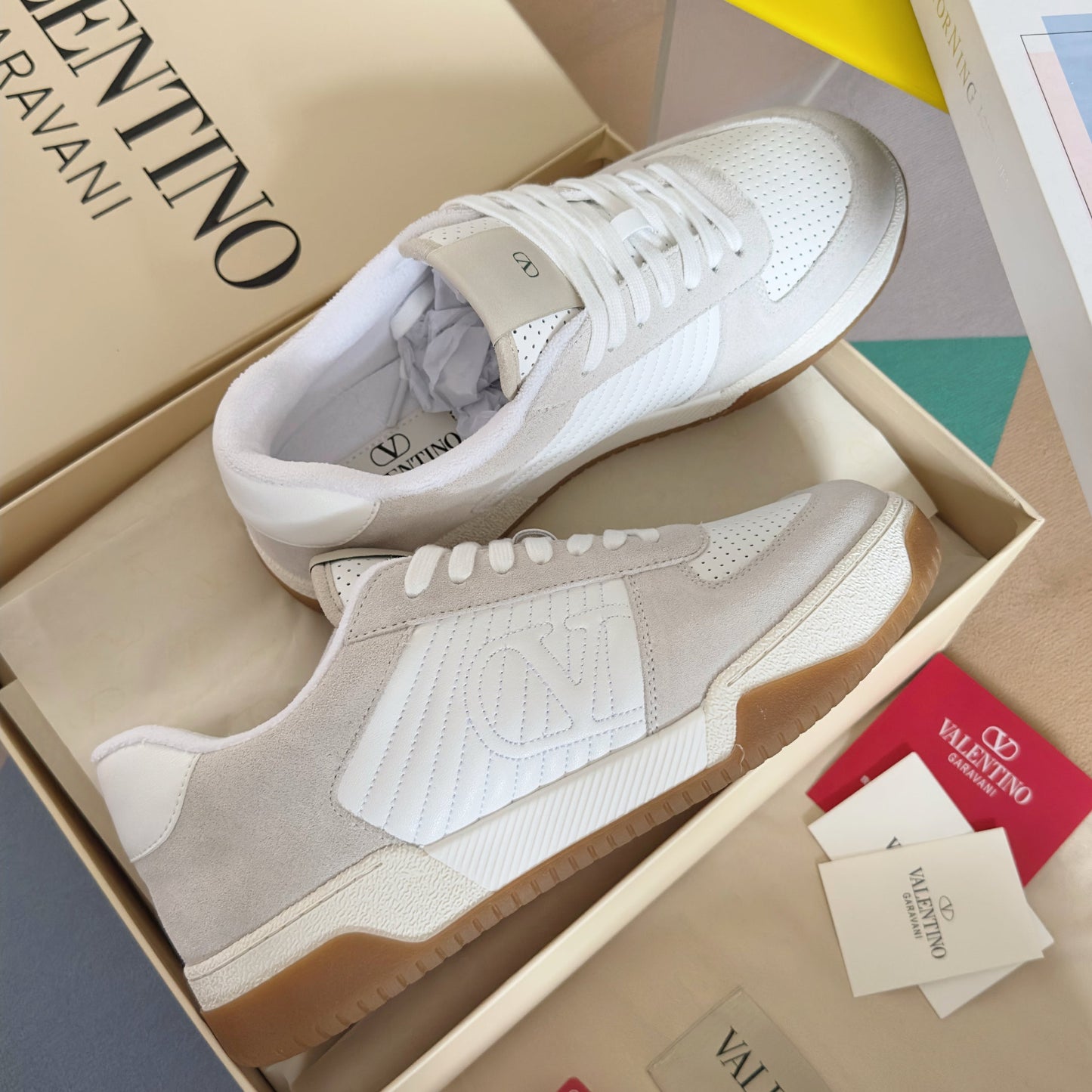 VALENTINO 25S GARAVANI FREEDOTS SNEAKERS IN BEIGE SUEDE AND WHITE LAMBSKIN - 35