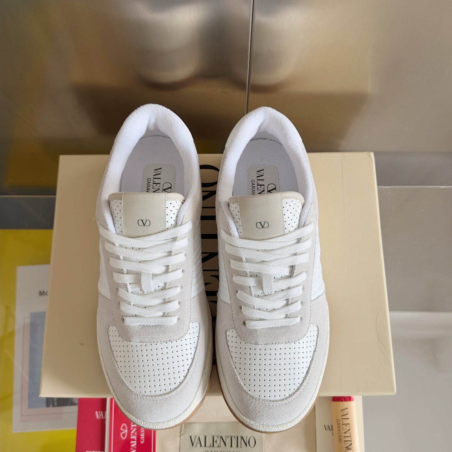 VALENTINO 25S GARAVANI FREEDOTS SNEAKERS IN BEIGE SUEDE AND WHITE LAMBSKIN - 35
