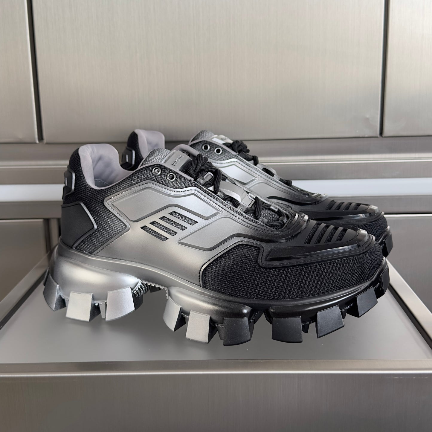 PRADA 26S CLOUDBUST THUNDER SNEAKERS 60MM IN BLACK AND SILVER MESH FABRIC AND TPU