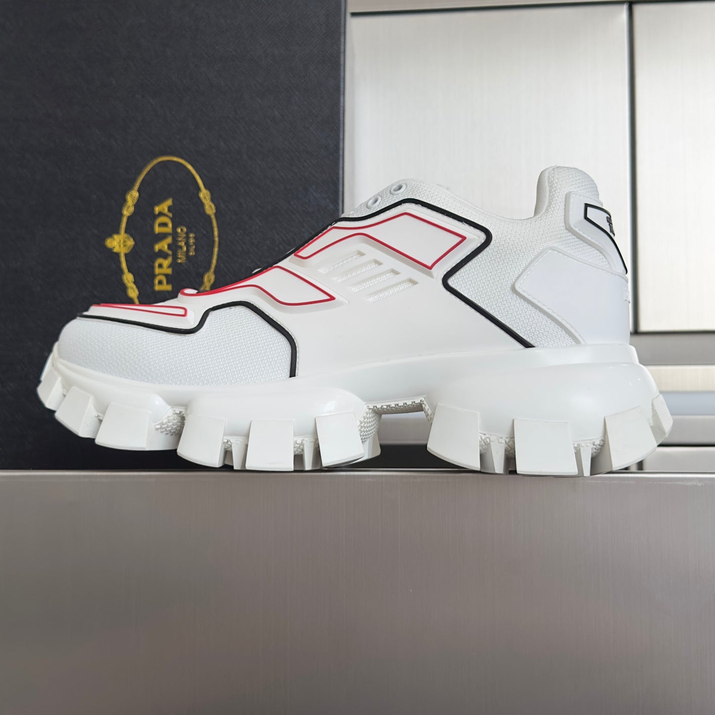 PRADA 26S CLOUDBUST THUNDER SNEAKERS 60MM IN WHITE AND RED MESH FABRIC AND TPU