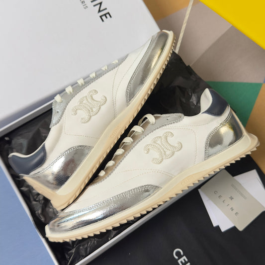 КРОСІВКИ CELINE 26S RACER З БІЛОЇ ТКАНИНИ ТА СРІБНОЇ ТЕЛЯЧОЇ ШКІРИ