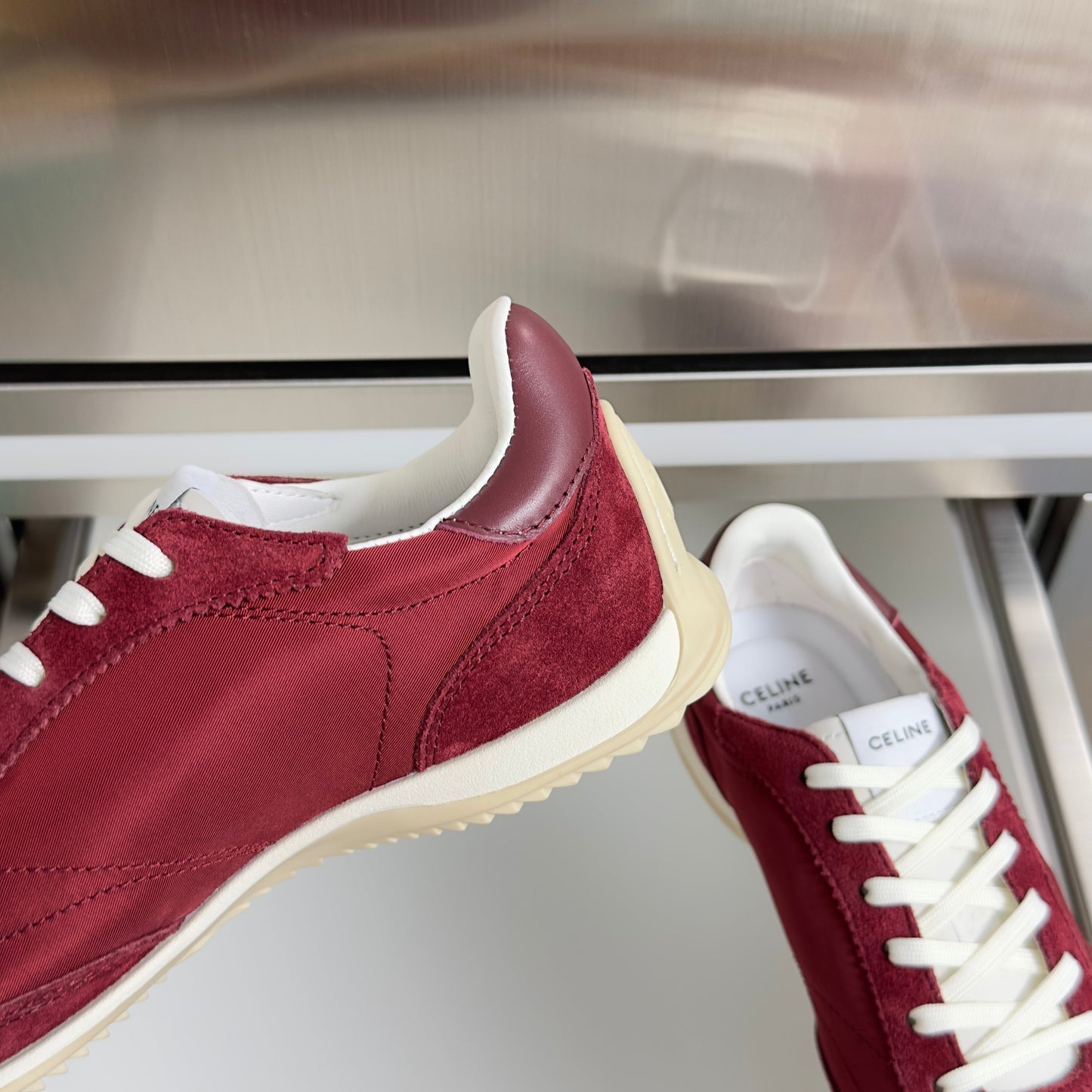 CELINE 26S RACER SNEAKERS IN DARK RED FABRIC AND SUEDE