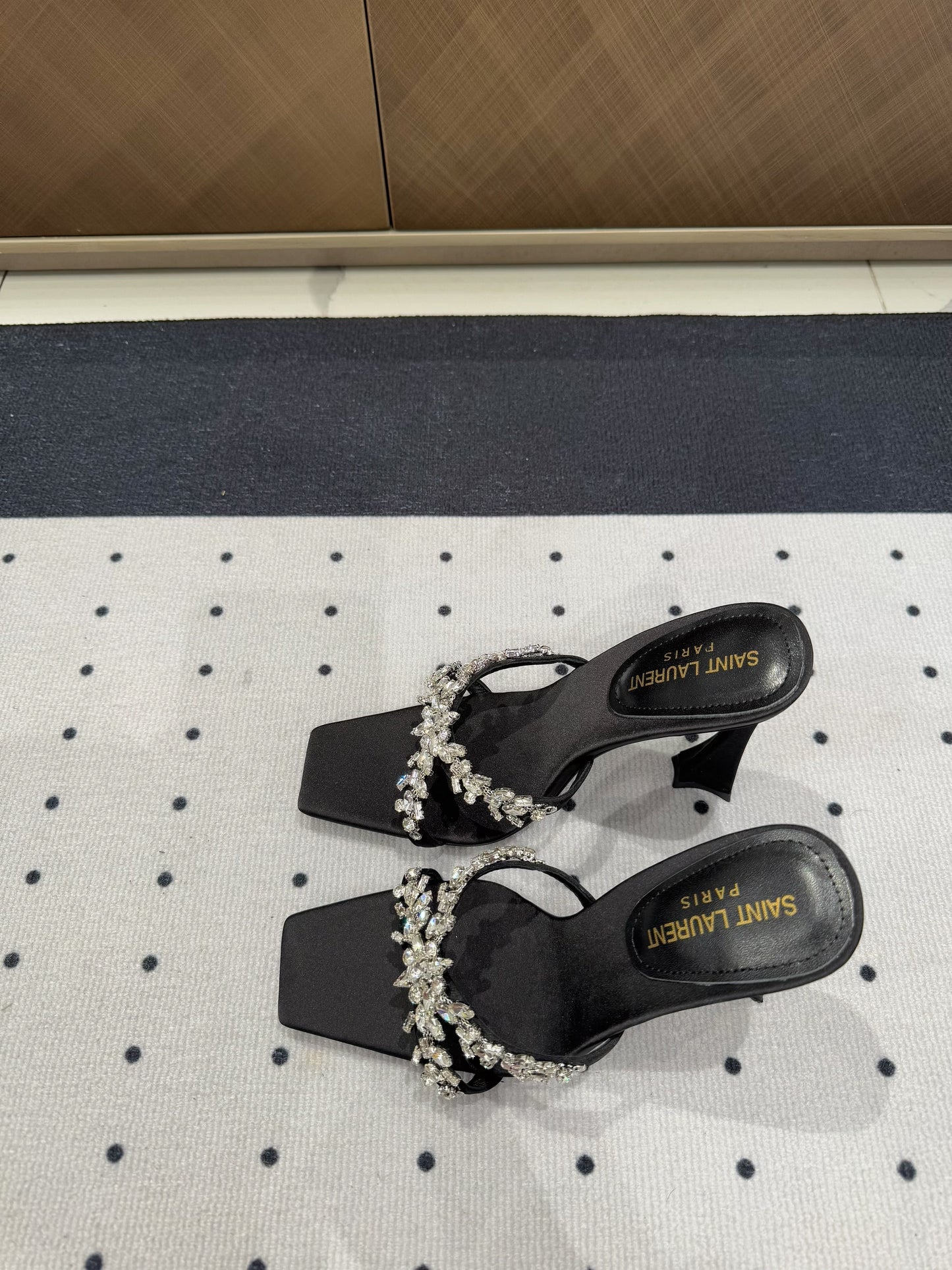 HIGH RHINESTONE CROSS STRAP MULES IN BLACK SILK - 35