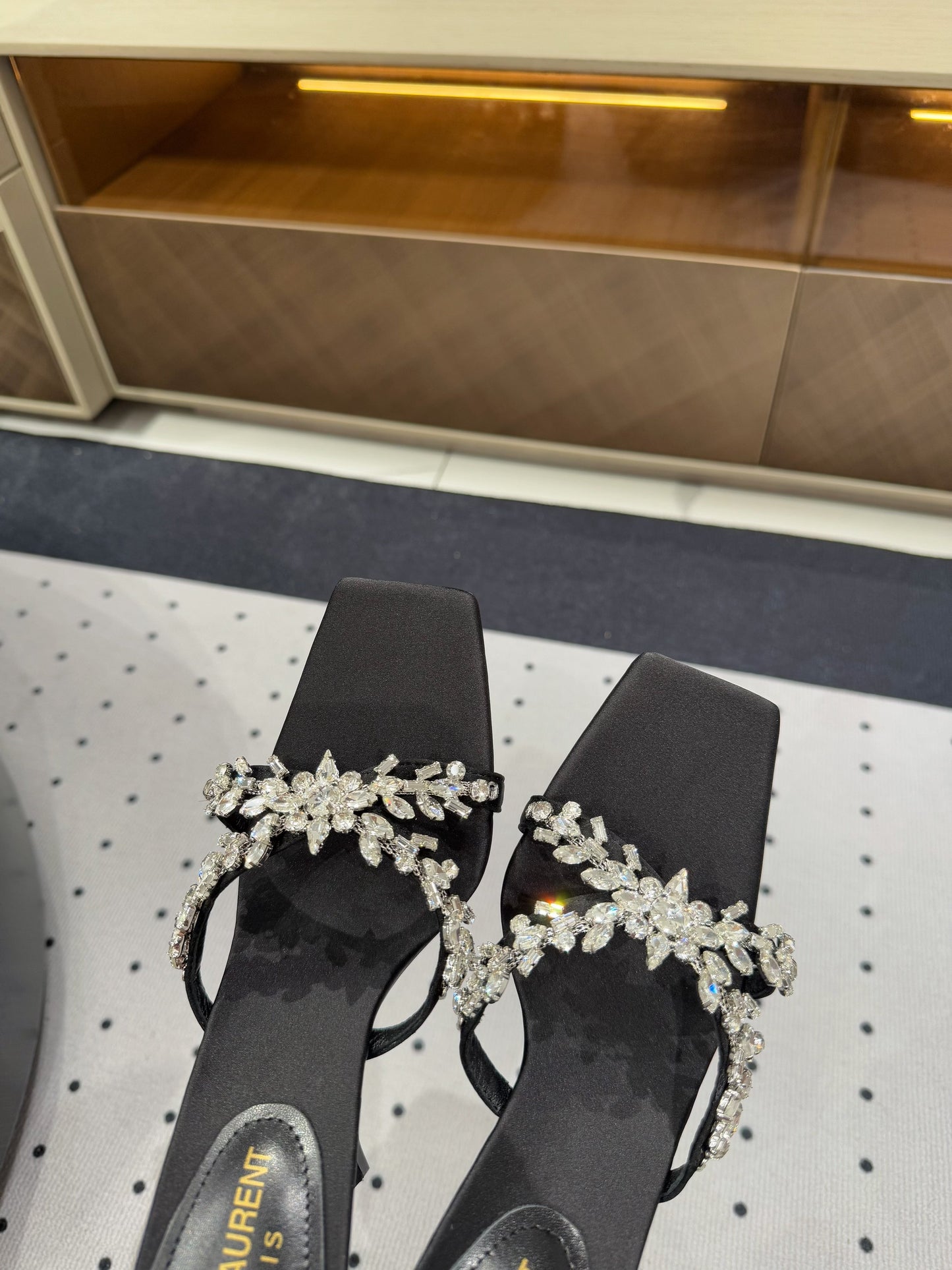 HIGH RHINESTONE CROSS STRAP MULES IN BLACK SILK - 35