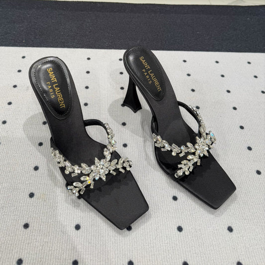 HIGH RHINESTONE CROSS STRAP MULES IN BLACK SILK - 35