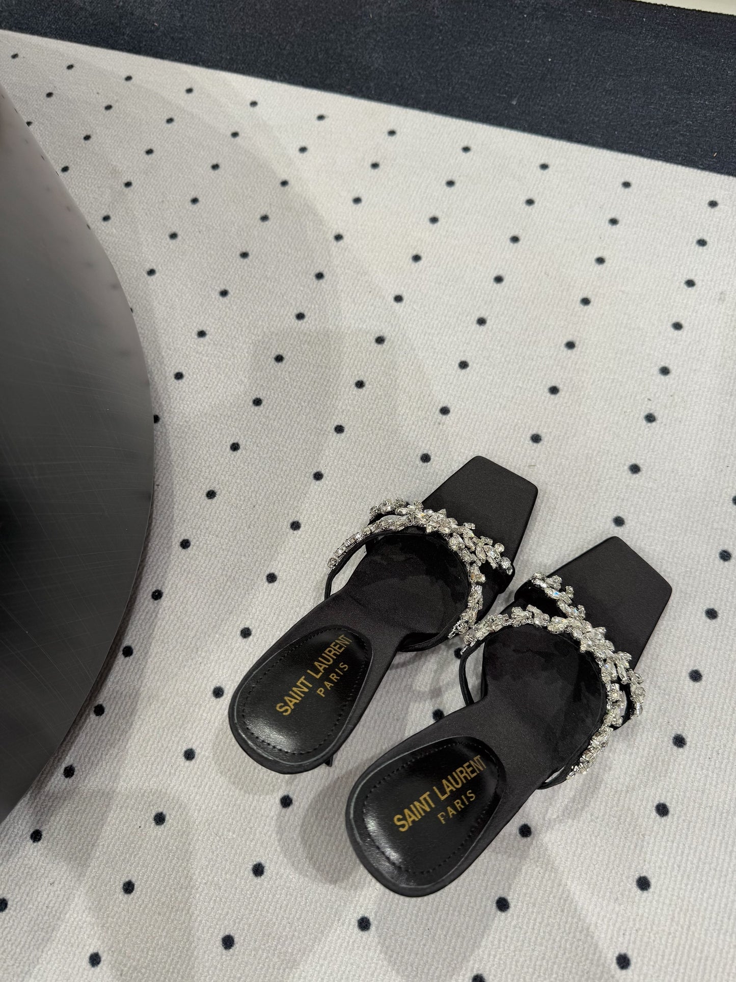 HIGH RHINESTONE CROSS STRAP MULES IN BLACK SILK - 35