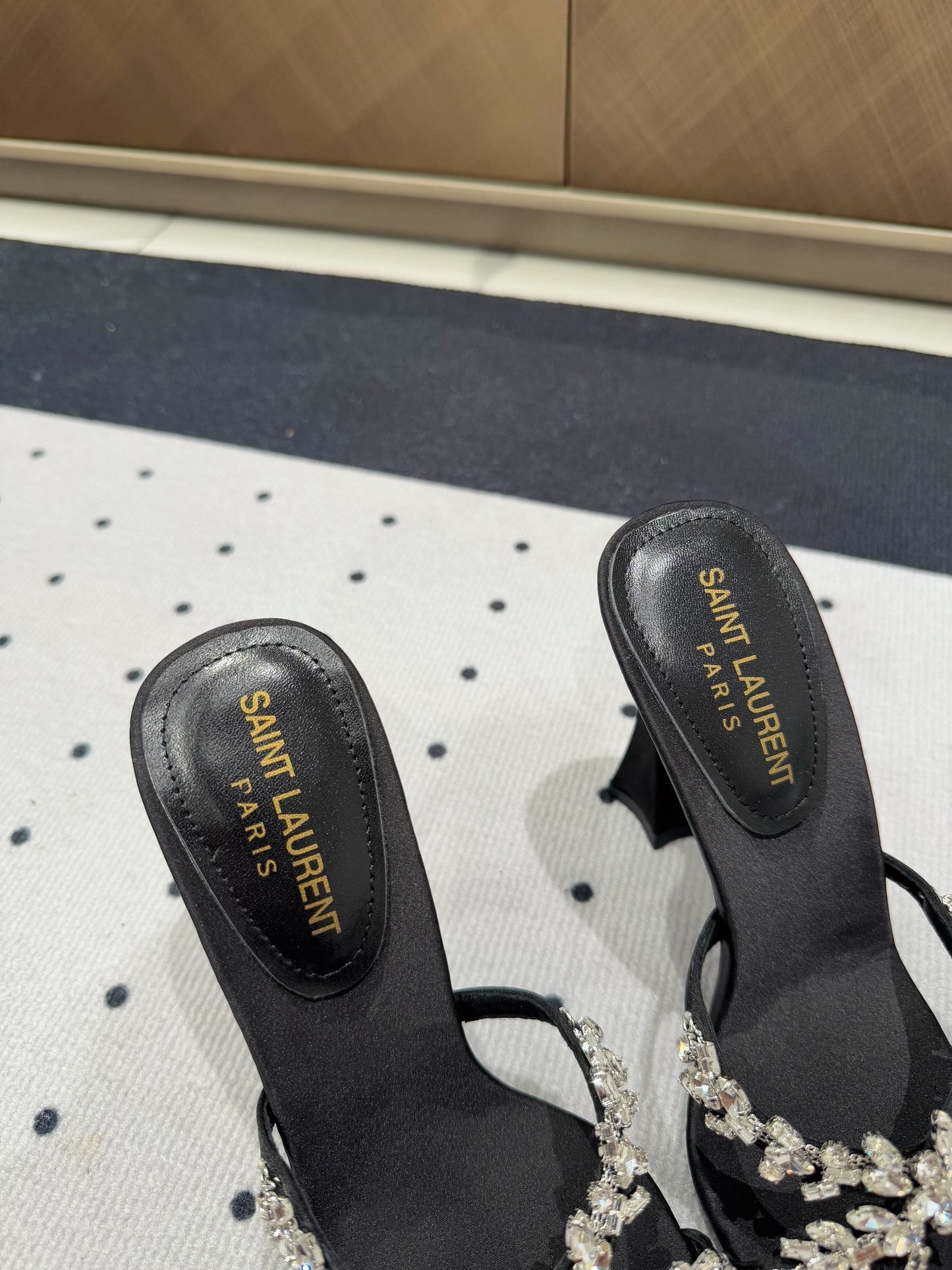 HIGH RHINESTONE CROSS STRAP MULES IN BLACK SILK - 35