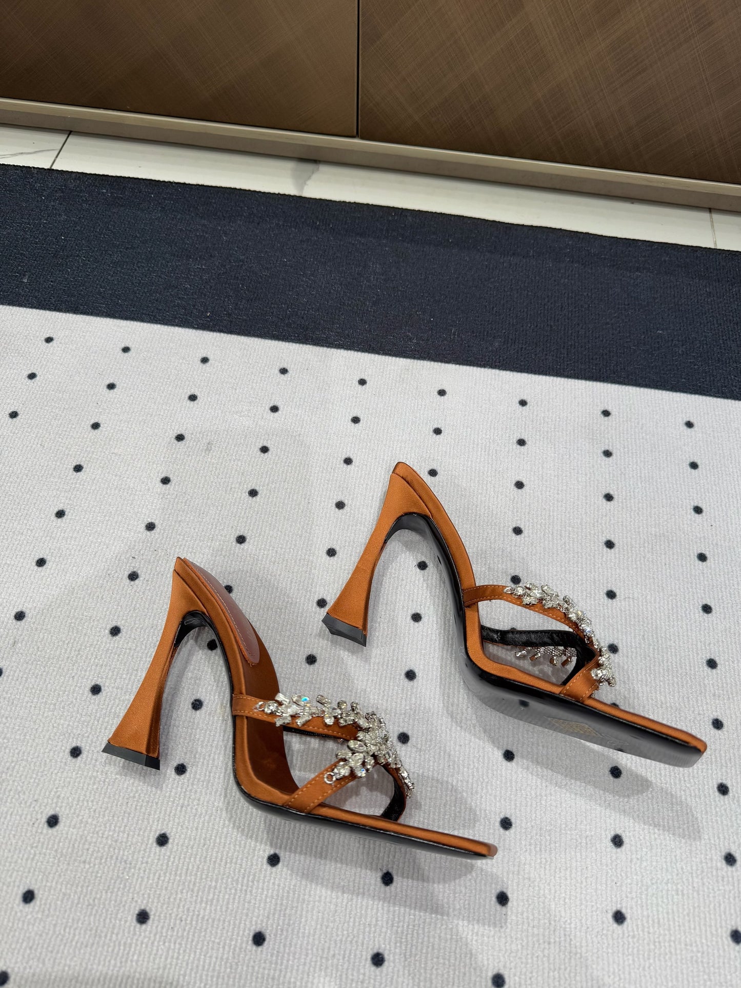 HIGH RHINESTONE CROSS STRAP MULES IN BRONZE BROWN SILK - 35