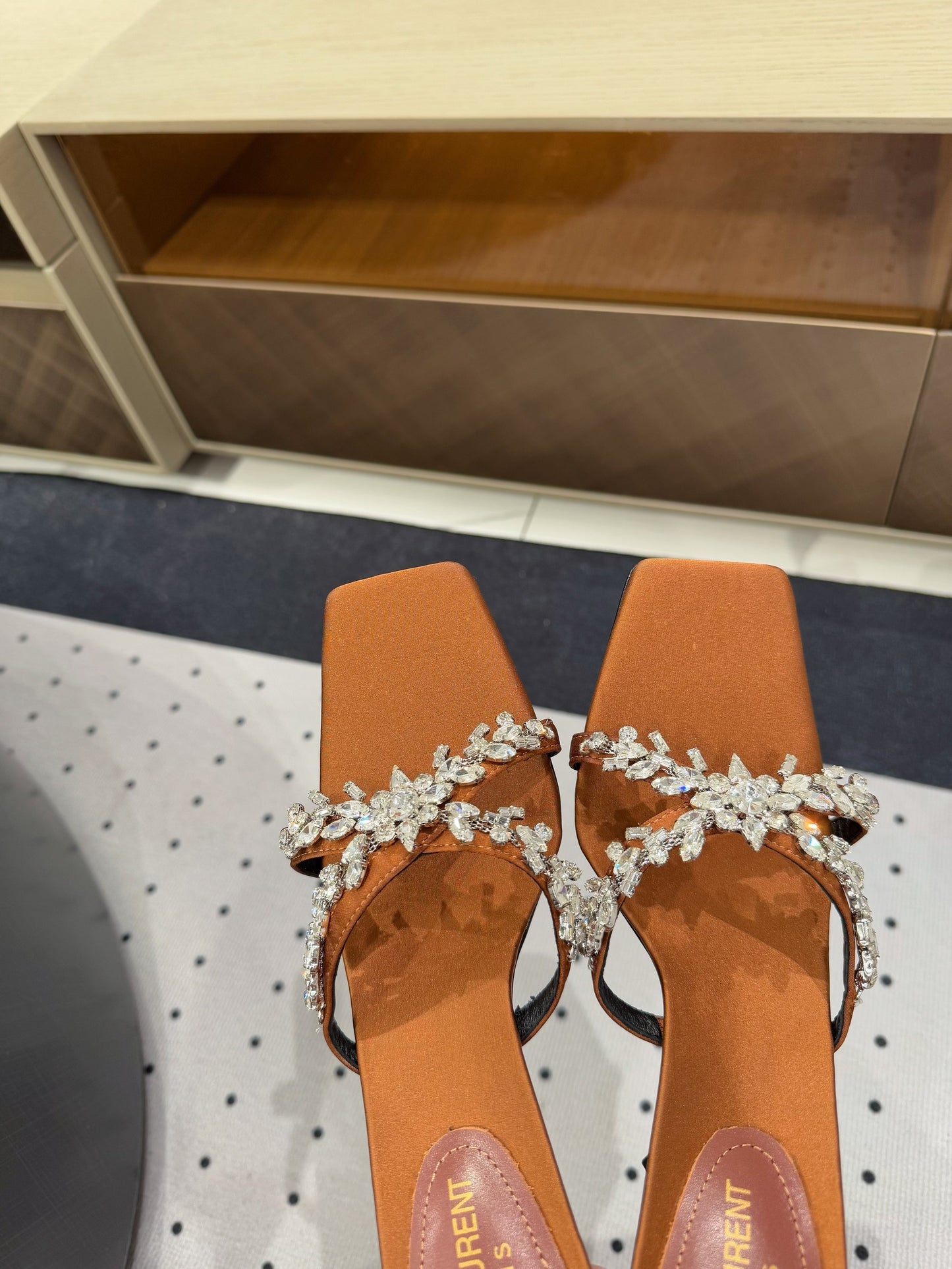 HIGH RHINESTONE CROSS STRAP MULES IN BRONZE BROWN SILK - 35