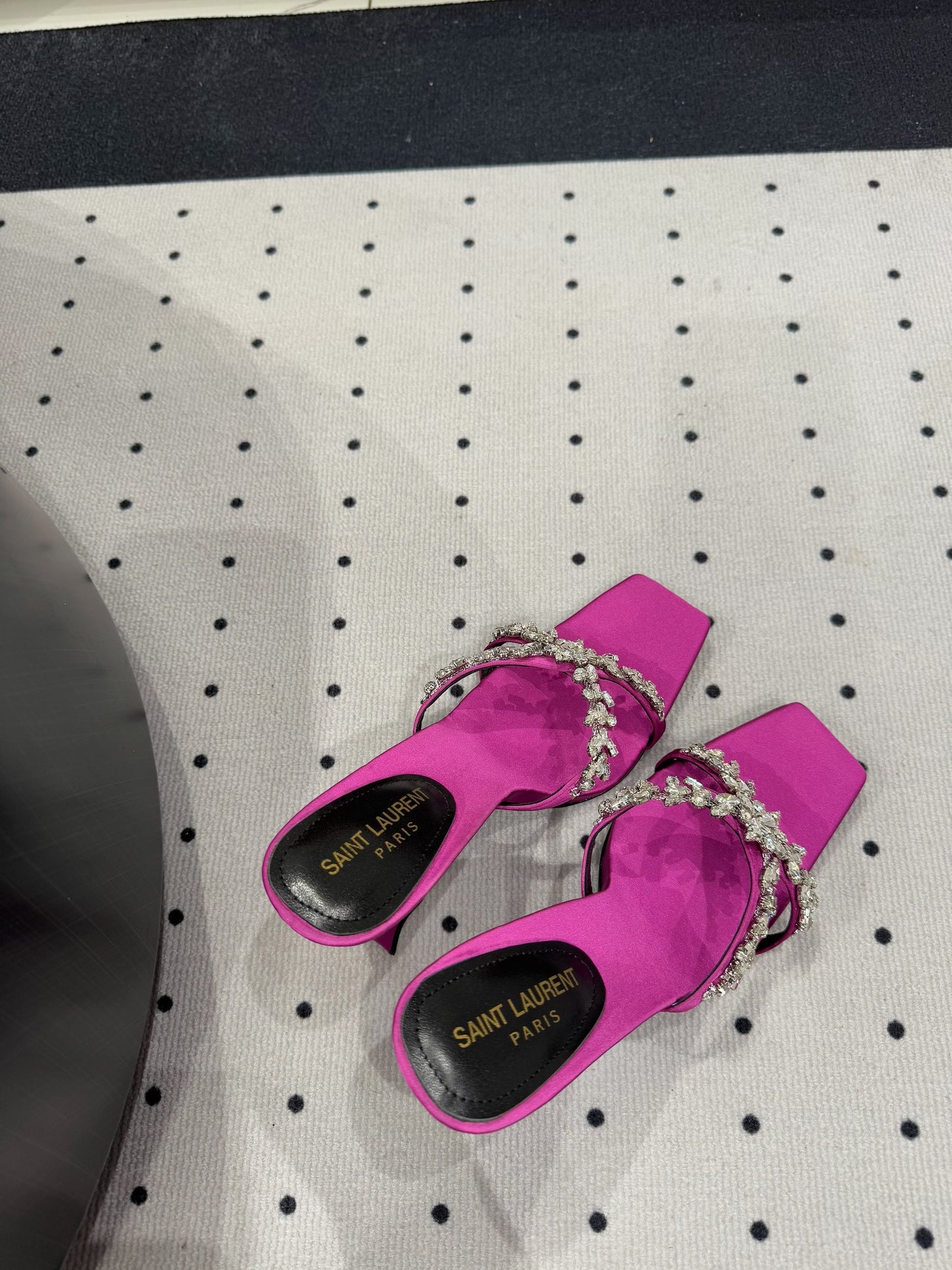 HIGH RHINESTONE CROSS STRAP MULES IN MAGENTA PINK SILK - 35