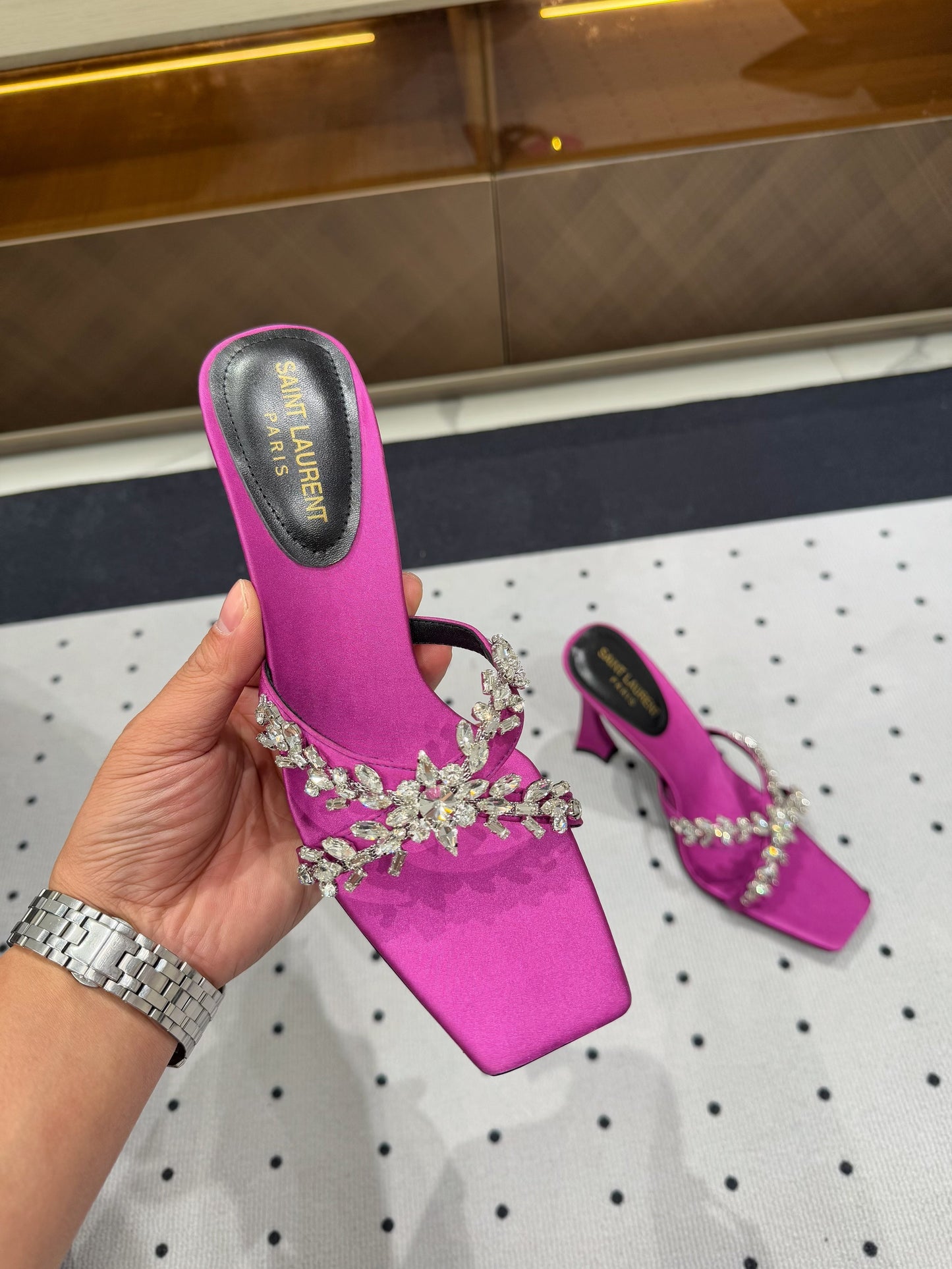 HIGH RHINESTONE CROSS STRAP MULES IN MAGENTA PINK SILK - 35