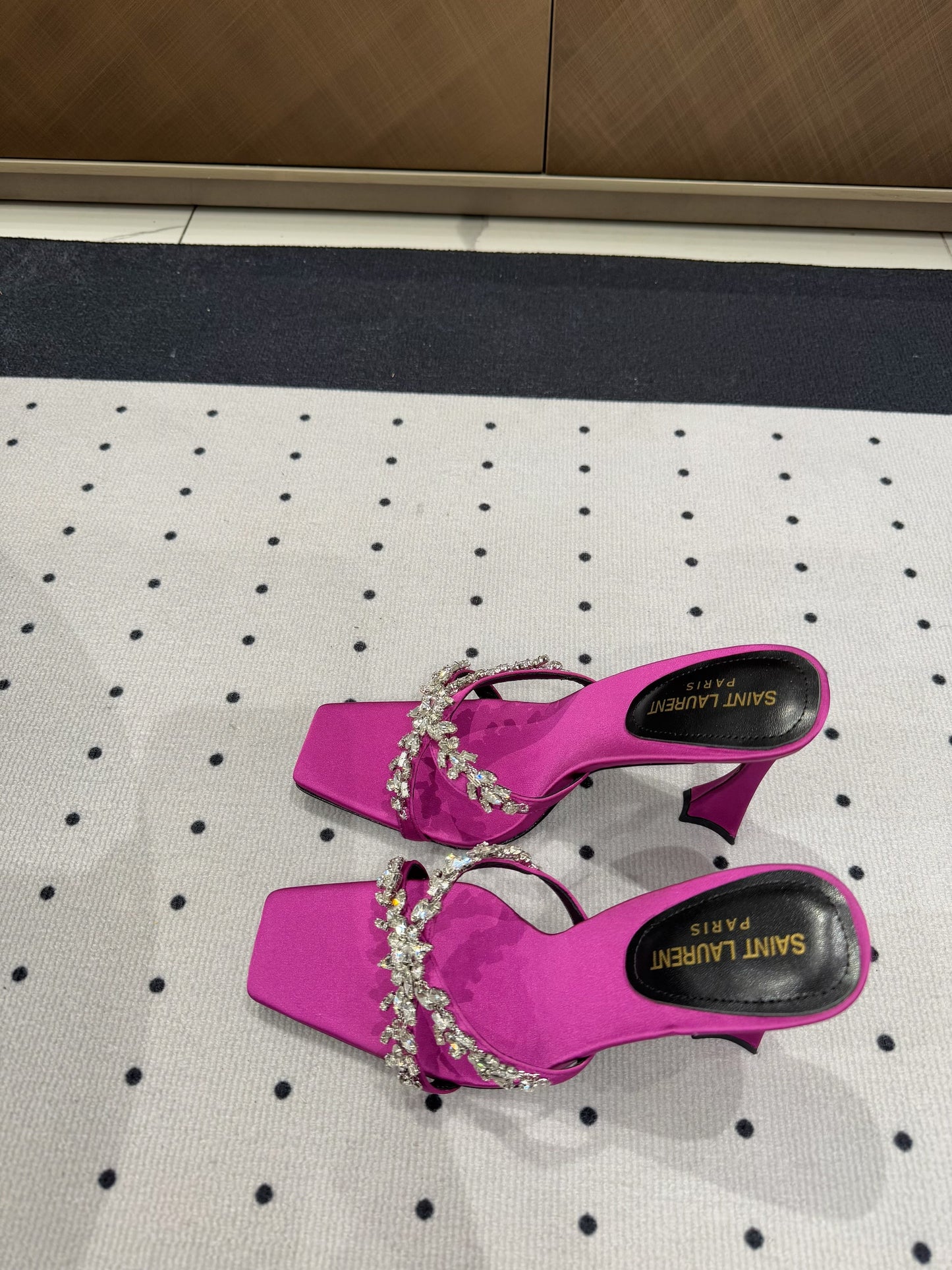 HIGH RHINESTONE CROSS STRAP MULES IN MAGENTA PINK SILK - 35
