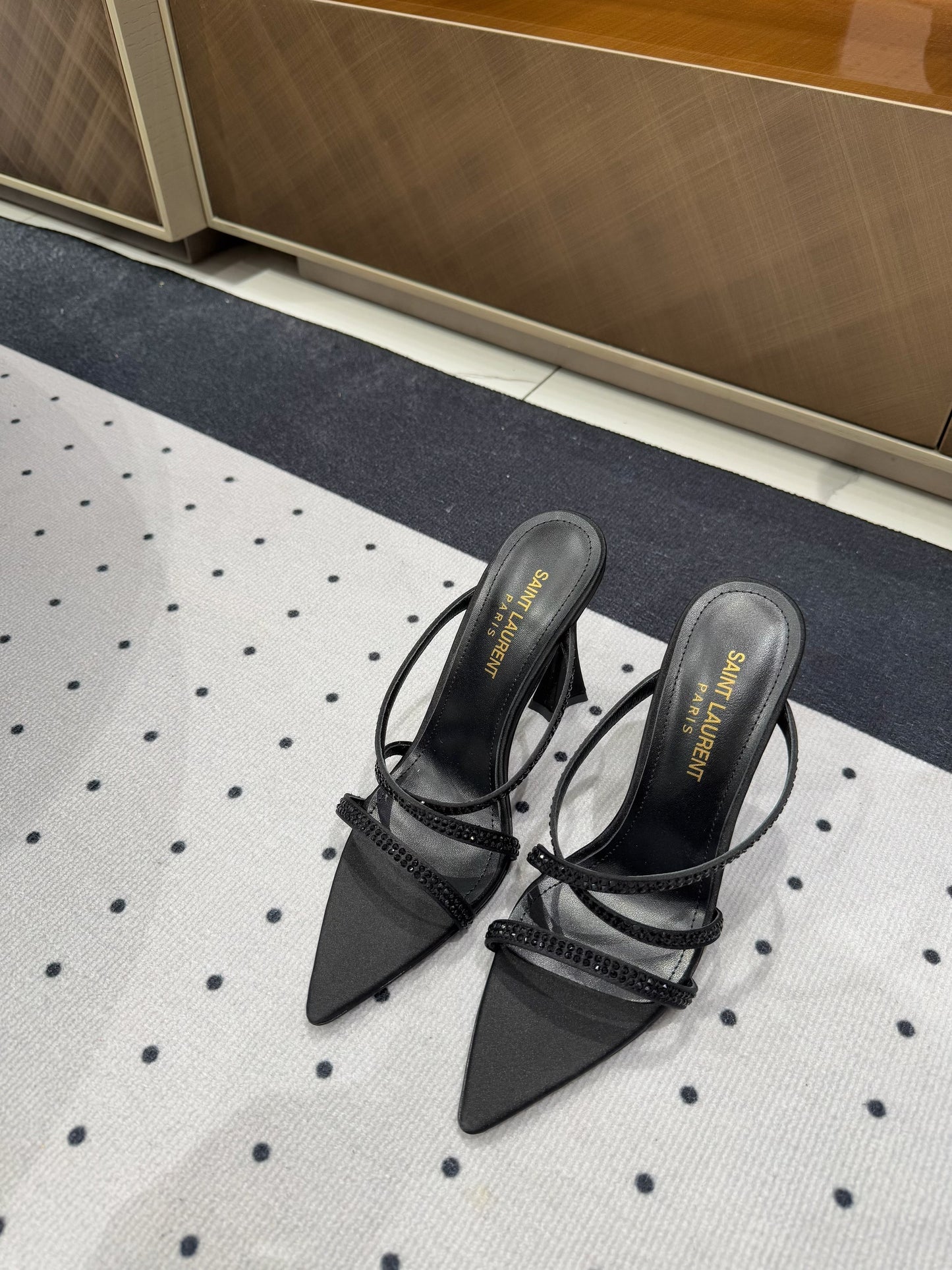 HIGH CRYSTAL STRAP SANDALS IN BLACK SILK - 35