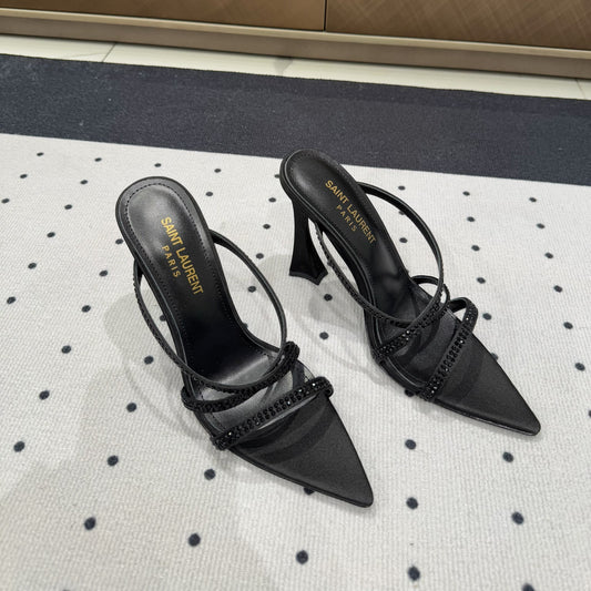 HIGH CRYSTAL STRAP SANDALS IN BLACK SILK - 35