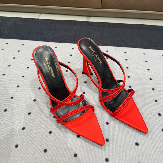 HIGH CRYSTAL STRAP SANDALS IN RED SILK - 35