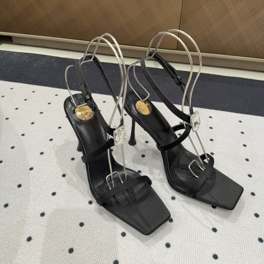 HIGH HEEL SANDALS IN BLACK SILK WTH STRAPS ATTACHED GEM - 35