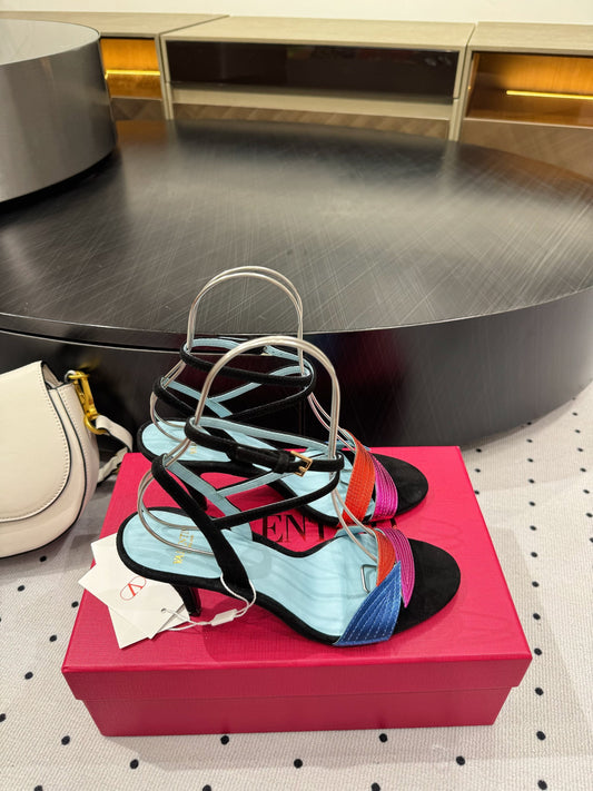 VLTN HIGH SANDAL 25S 60 MM IN BLACK SUEDE AND MULTICOLOR CALFSKIN - 35