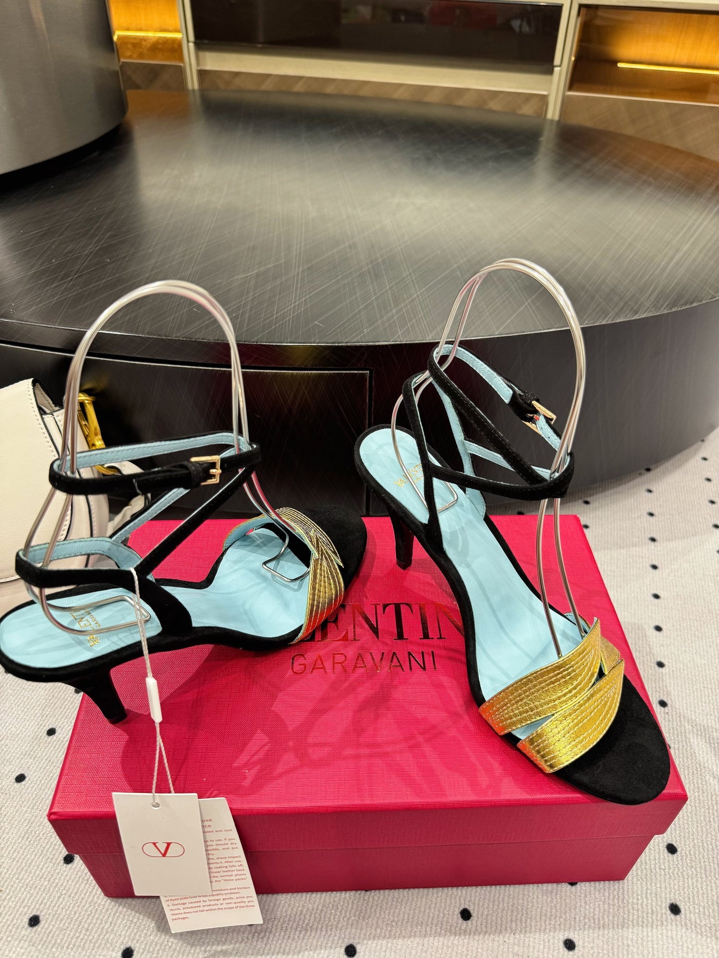 VLTN HIGH SANDAL 25S 60 MM IN BLACK SUEDE AND GOLD CALFSKIN - 35
