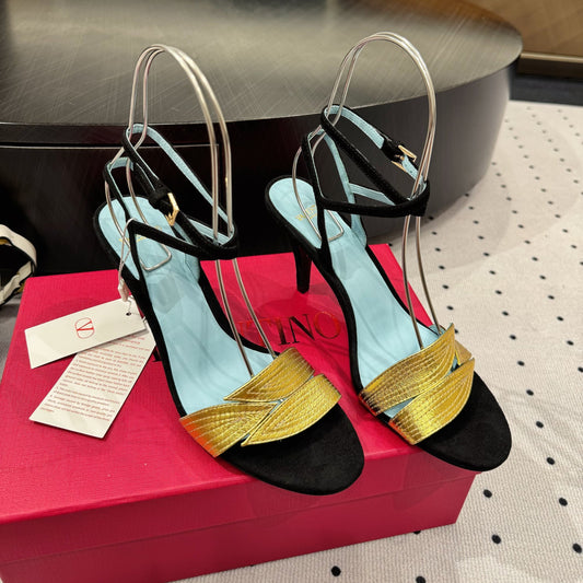 VLTN HIGH SANDAL 25S 60 MM IN BLACK SUEDE AND GOLD CALFSKIN - 35