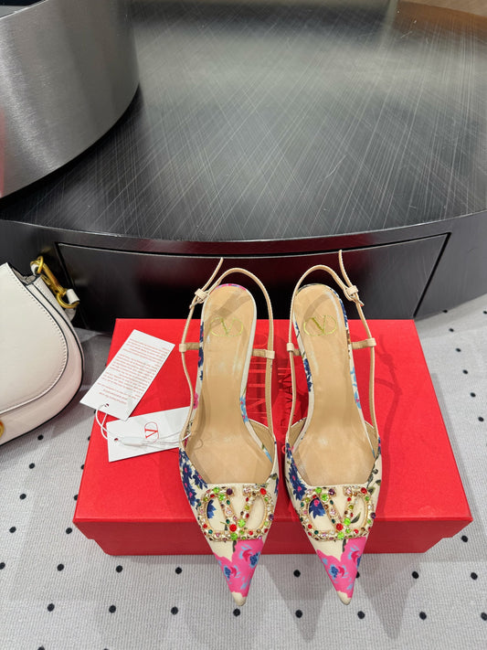 VLTN HIGH SLINGBACK 25S 80 MM IN WHITE MIX PINK FABRIC AND CALFSKIN - 35