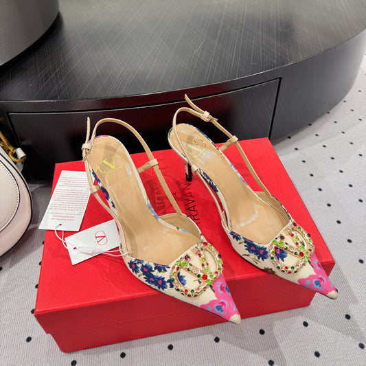 VLTN HIGH SLINGBACK 25S 80 MM IN WHITE MIX PINK FABRIC AND CALFSKIN - 35