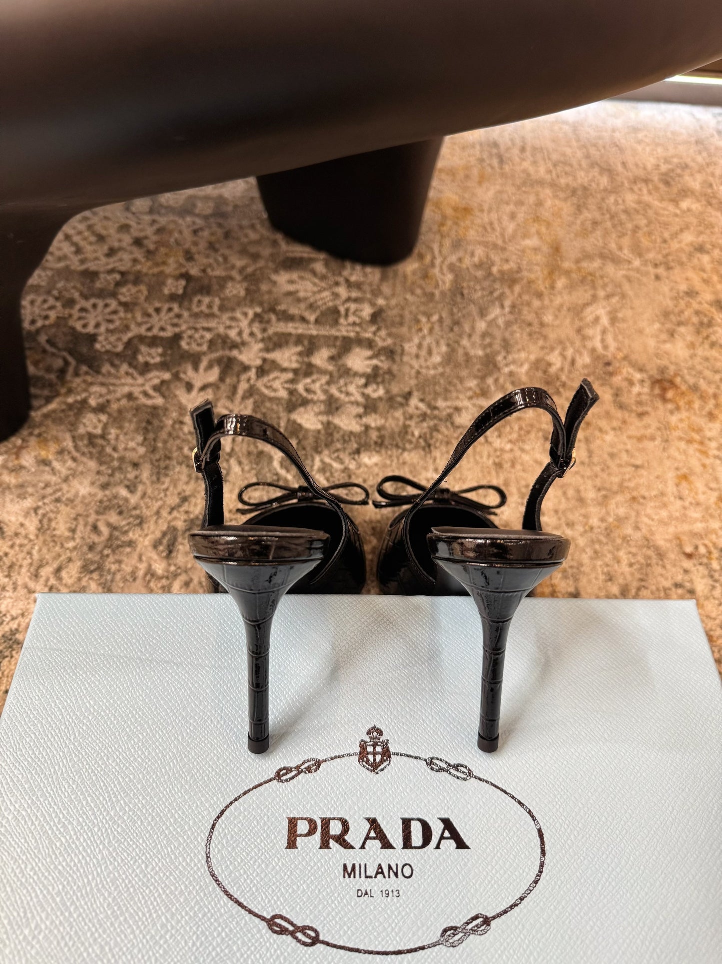 PRADA 25S SLINGBACK HIGH HEELS 75 MM IN BLACK EMBOSSED COWHIDE - 35