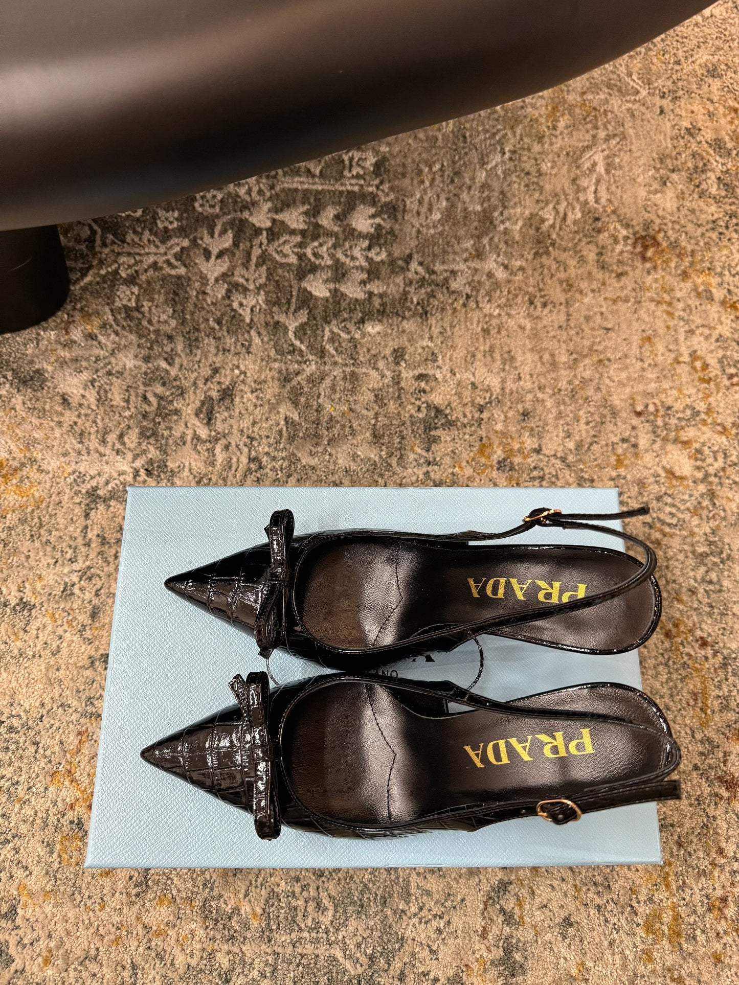 PRADA 25S SLINGBACK HIGH HEELS 75 MM IN BLACK EMBOSSED COWHIDE - 35