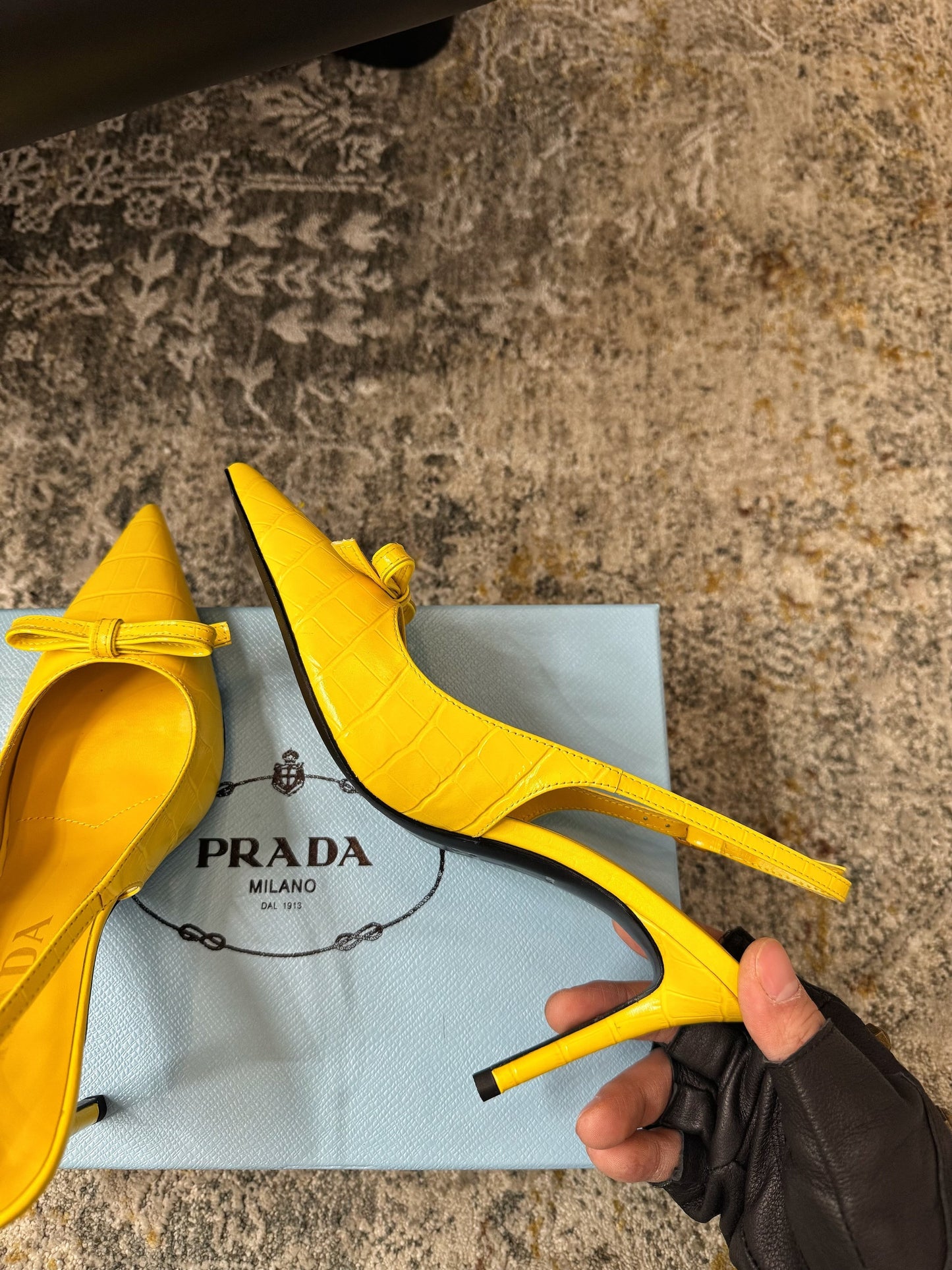 PRADA 25S SLINGBACK HIGH HEELS 75 MM IN YELLOW EMBOSSED COWHIDE - 35