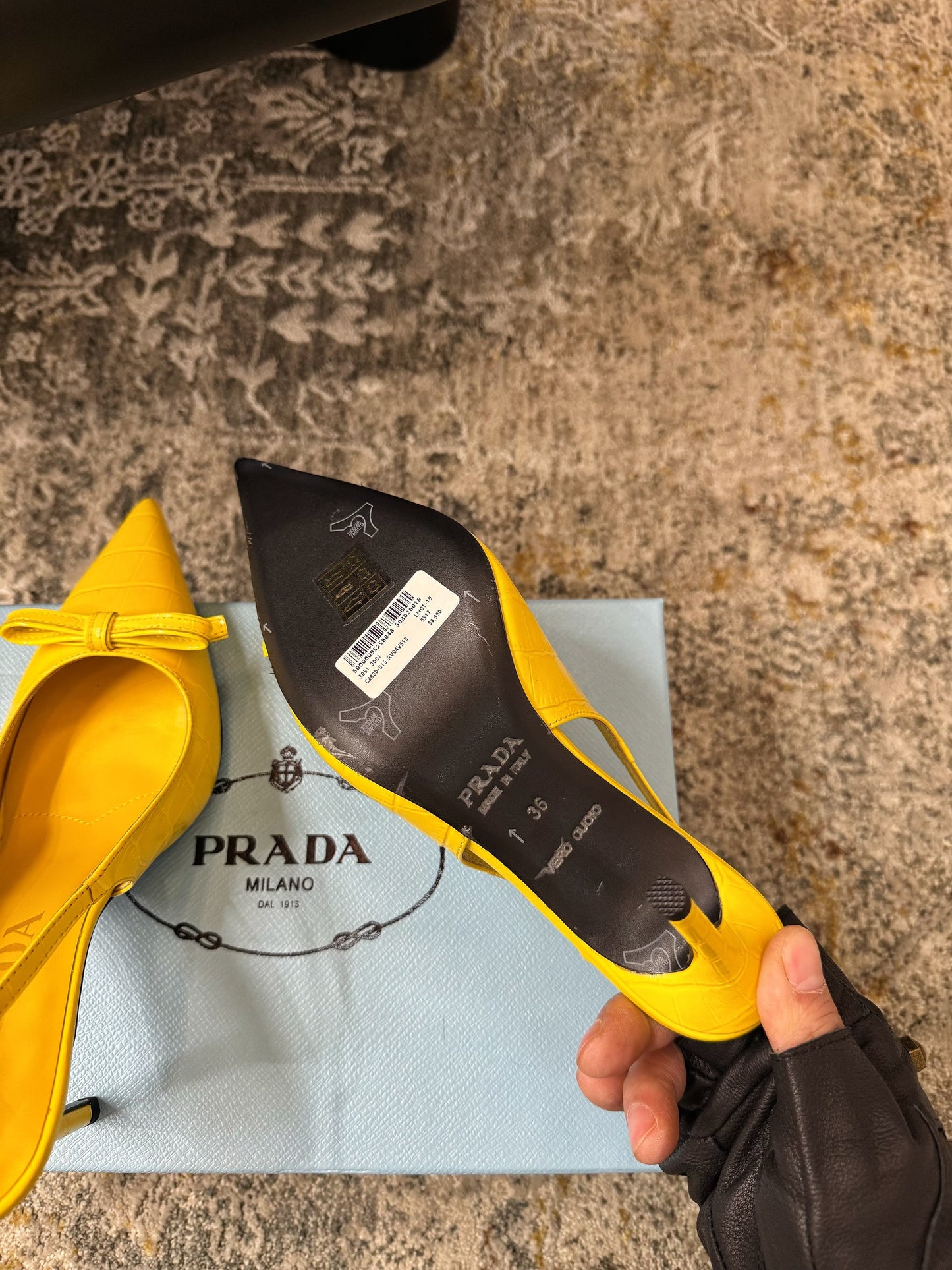 PRADA 25S SLINGBACK HIGH HEELS 75 MM IN YELLOW EMBOSSED COWHIDE - 35