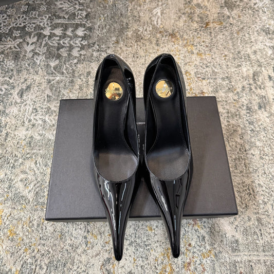 YSL 26S ТУФЛІ НА ПІДБОРАХ 110 ММ З ЧОРНОЇ ГЛЯНЦЕВОЇ ТЕЛЯЧОЇ ШКІРИ