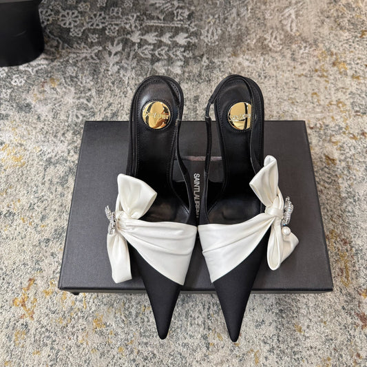 YSL 26S БОСОНІЖКИ-СЛІНГБЕКИ НА ПІДБОРАХ 100 ММ ІЗ ЧОРНО-БІЛОГО ШОВКУ