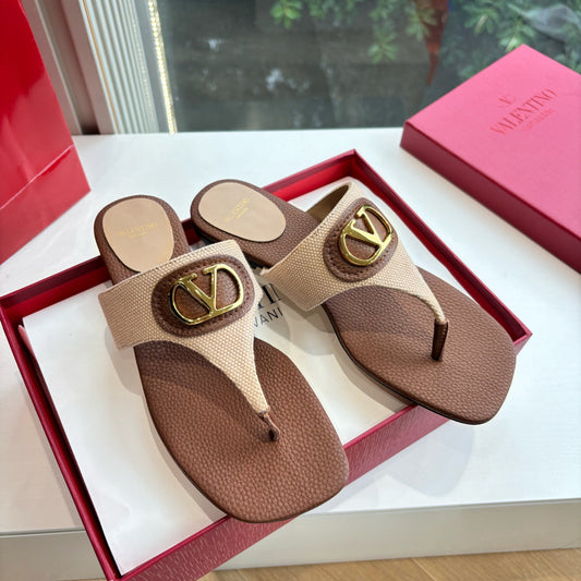 В'ЄТНАМКИ VLTN THONG 25S КОЛЬОРУ КОРИЧНЕВИЙ МІКС З БЕЖЕВОЇ ОВЕЧОЇ ШКІРИ І ЗОЛОТОЮ ФУРНІТУРОЮ - 35