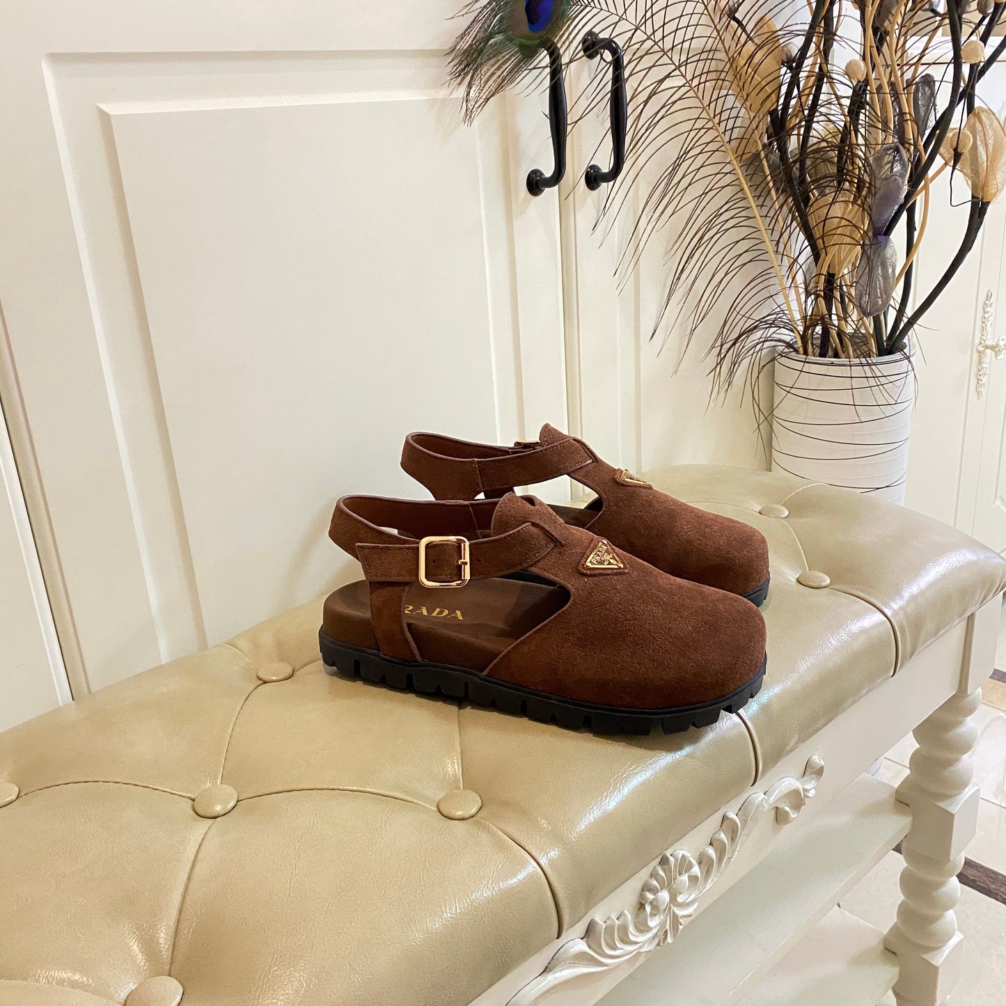 RUBBER SOLE SANDALS IN COCOA BROWN SUEDE - 35