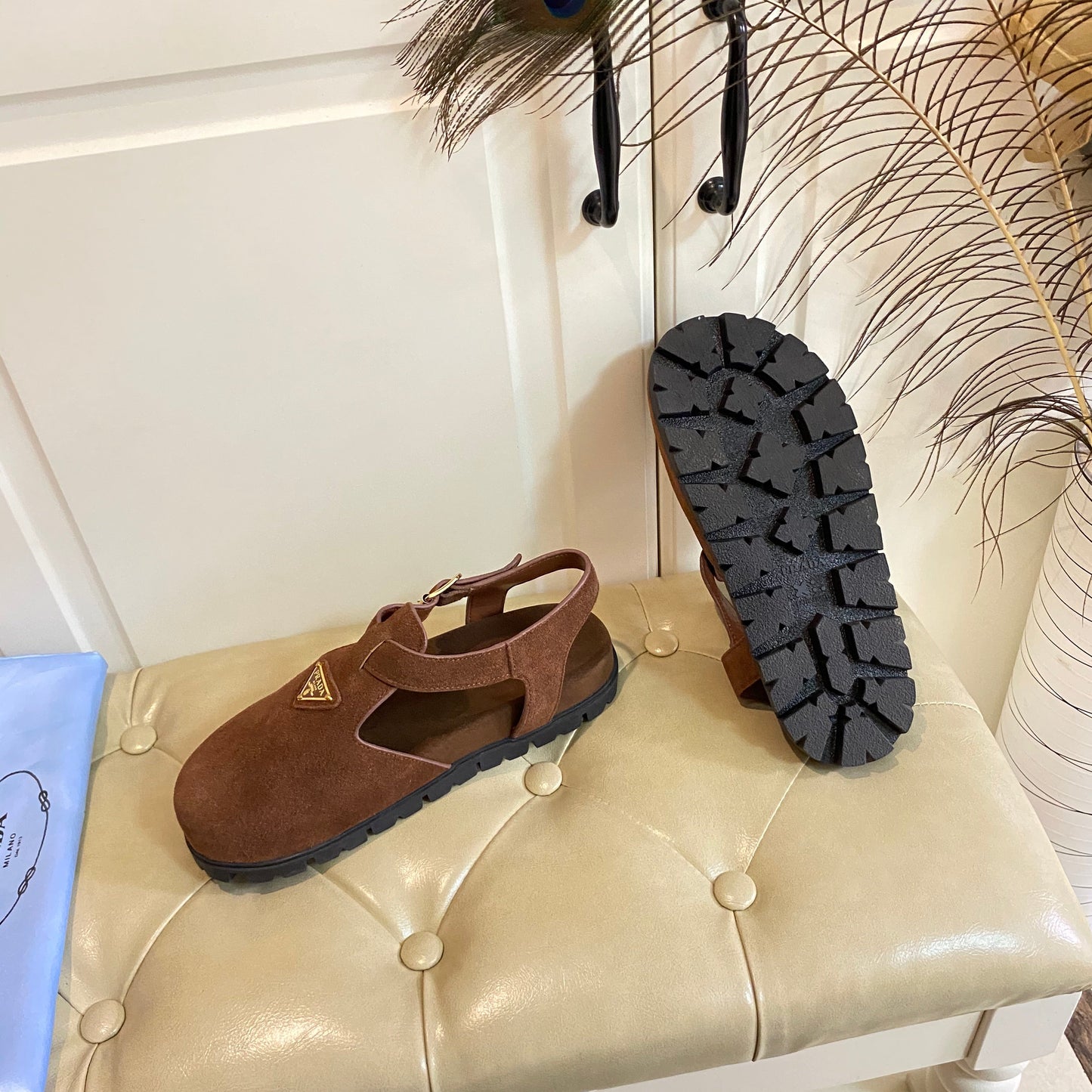 RUBBER SOLE SANDALS IN COCOA BROWN SUEDE - 35