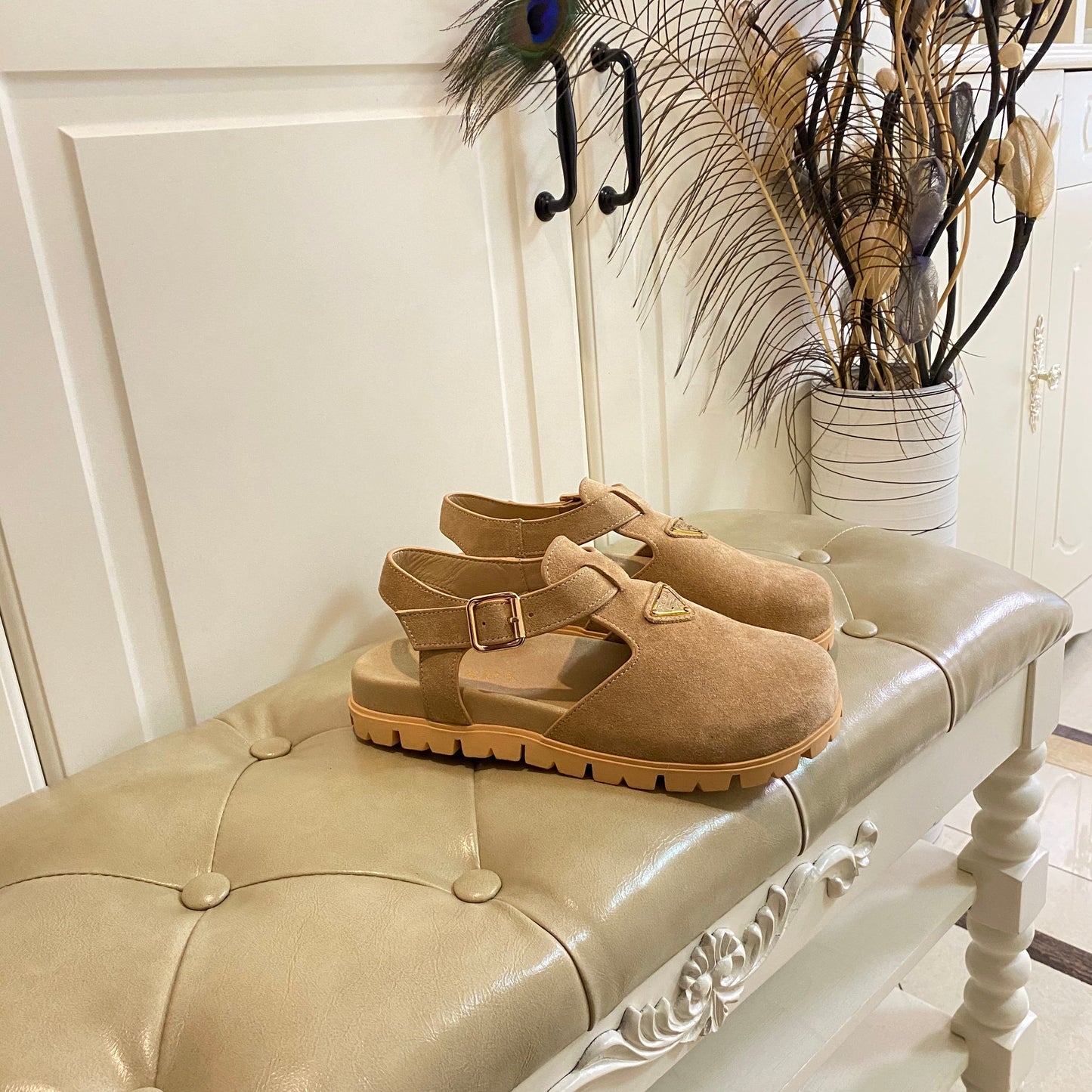 RUBBER SOLE SANDALS IN DARK BEIGE SUEDE - 35