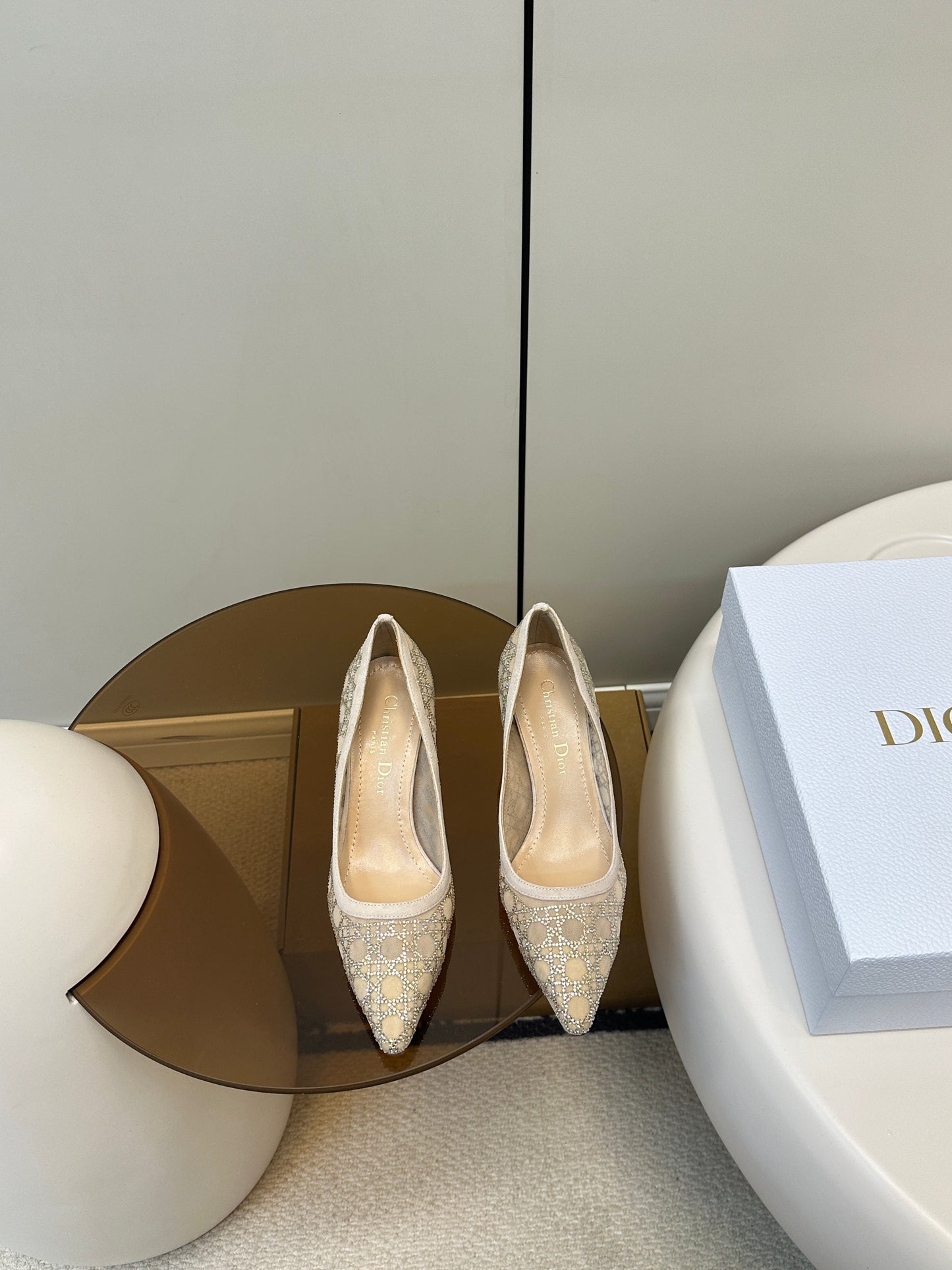 POINTED TOE HEELS 55MM IN NUDE MESH WITH RHINESTONES - 35