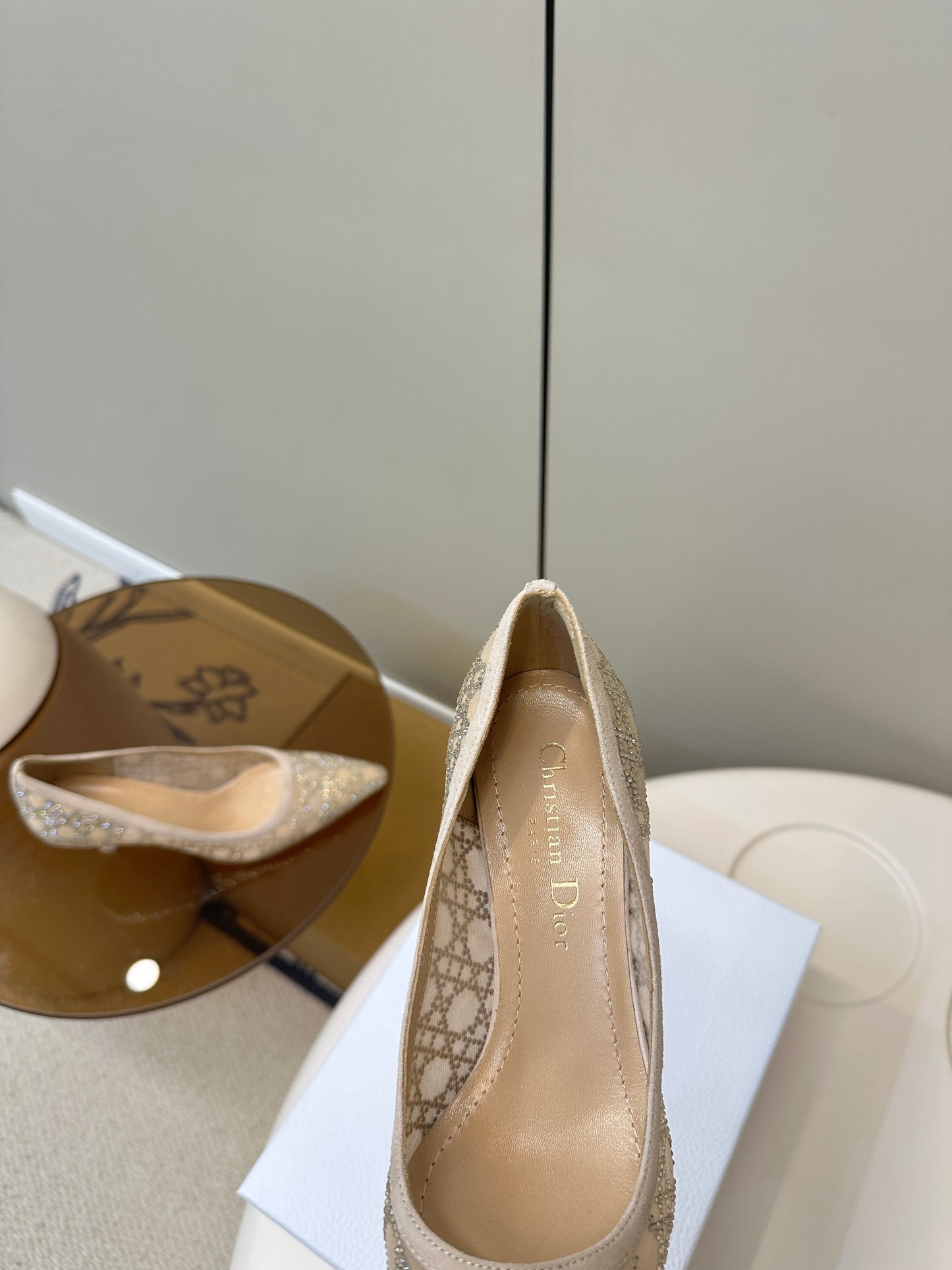 POINTED TOE HEELS 55MM IN NUDE MESH WITH RHINESTONES - 35
