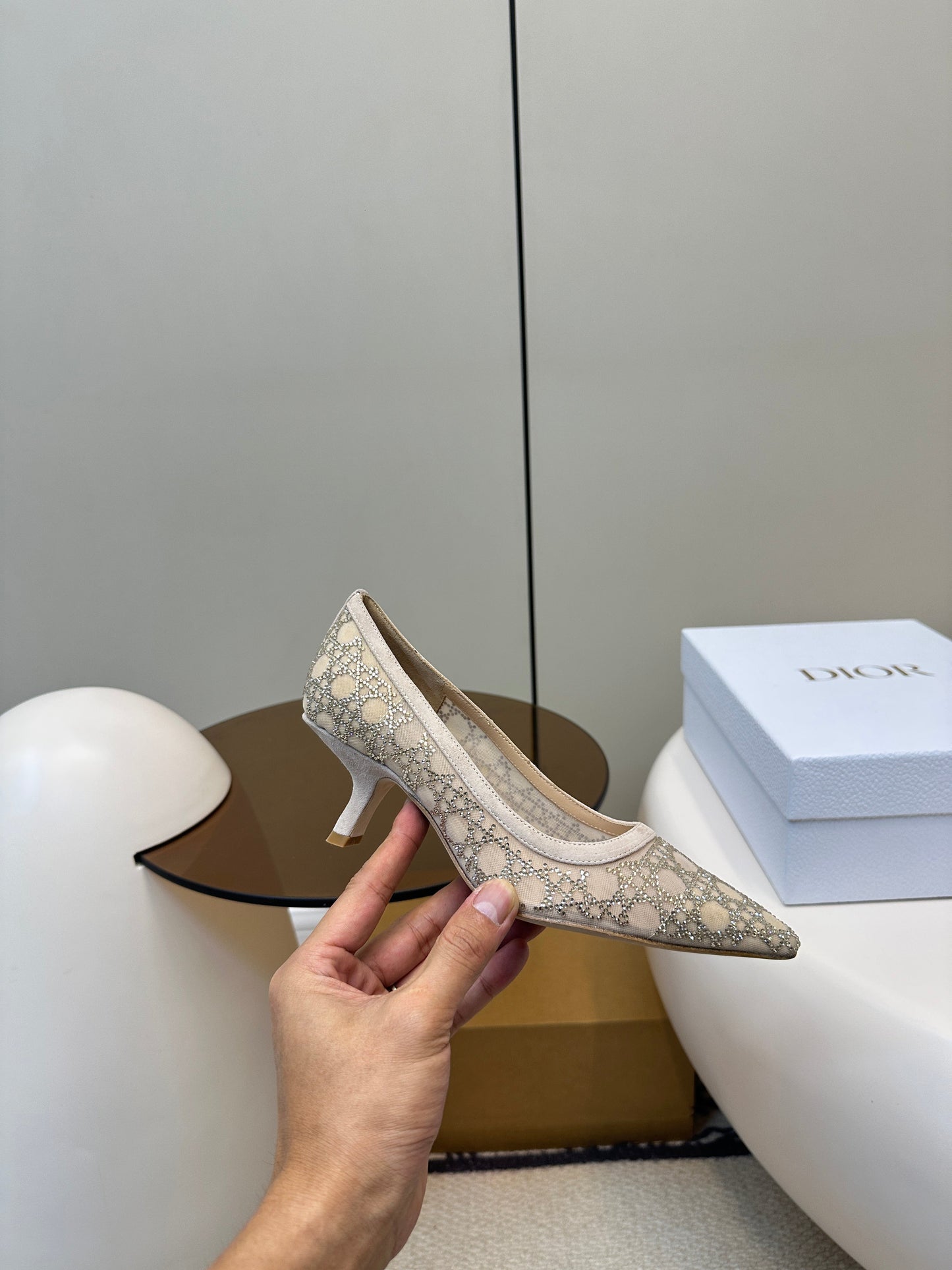 POINTED TOE HEELS 55MM IN NUDE MESH WITH RHINESTONES - 35