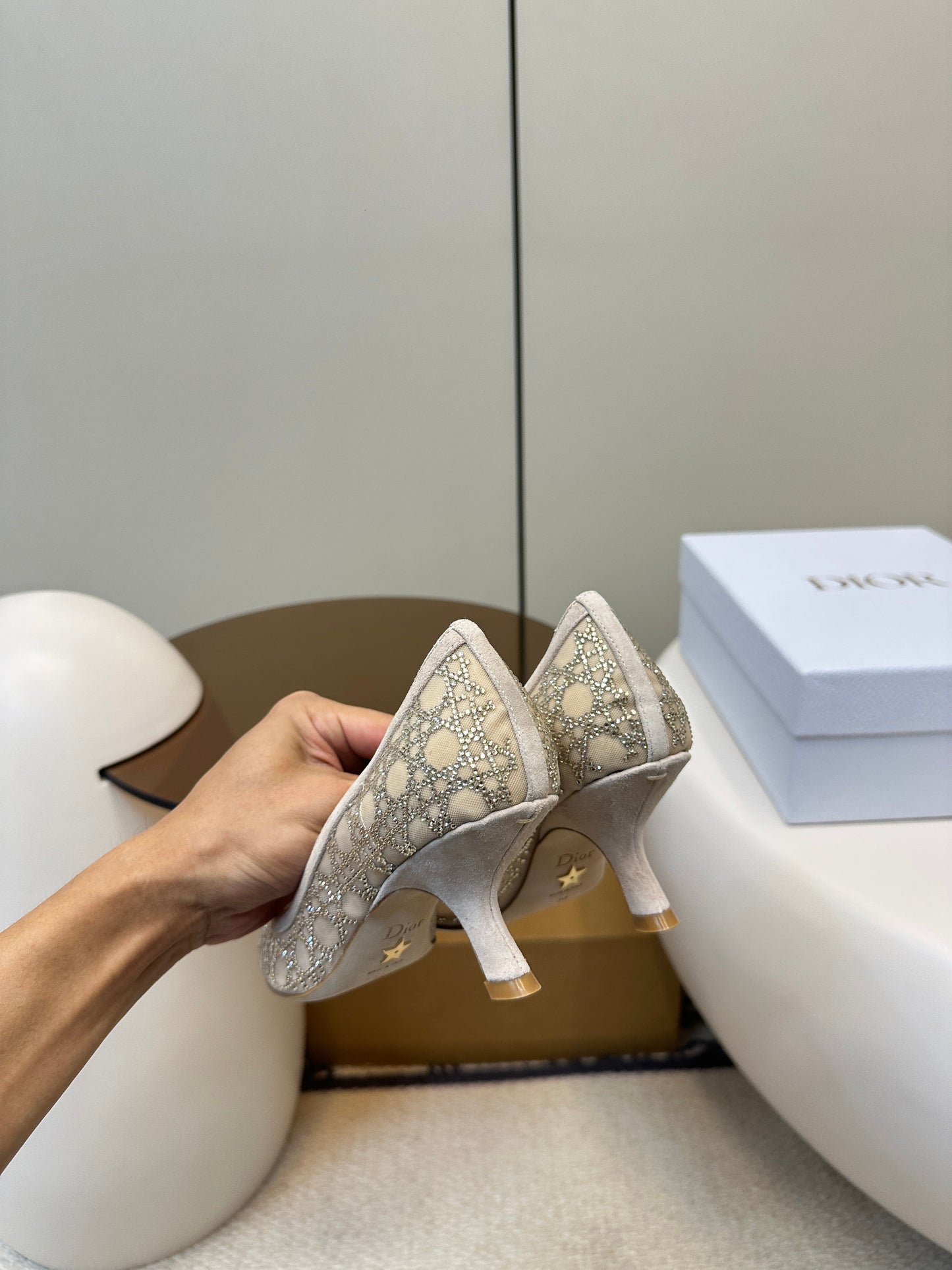 POINTED TOE HEELS 55MM IN NUDE MESH WITH RHINESTONES - 35