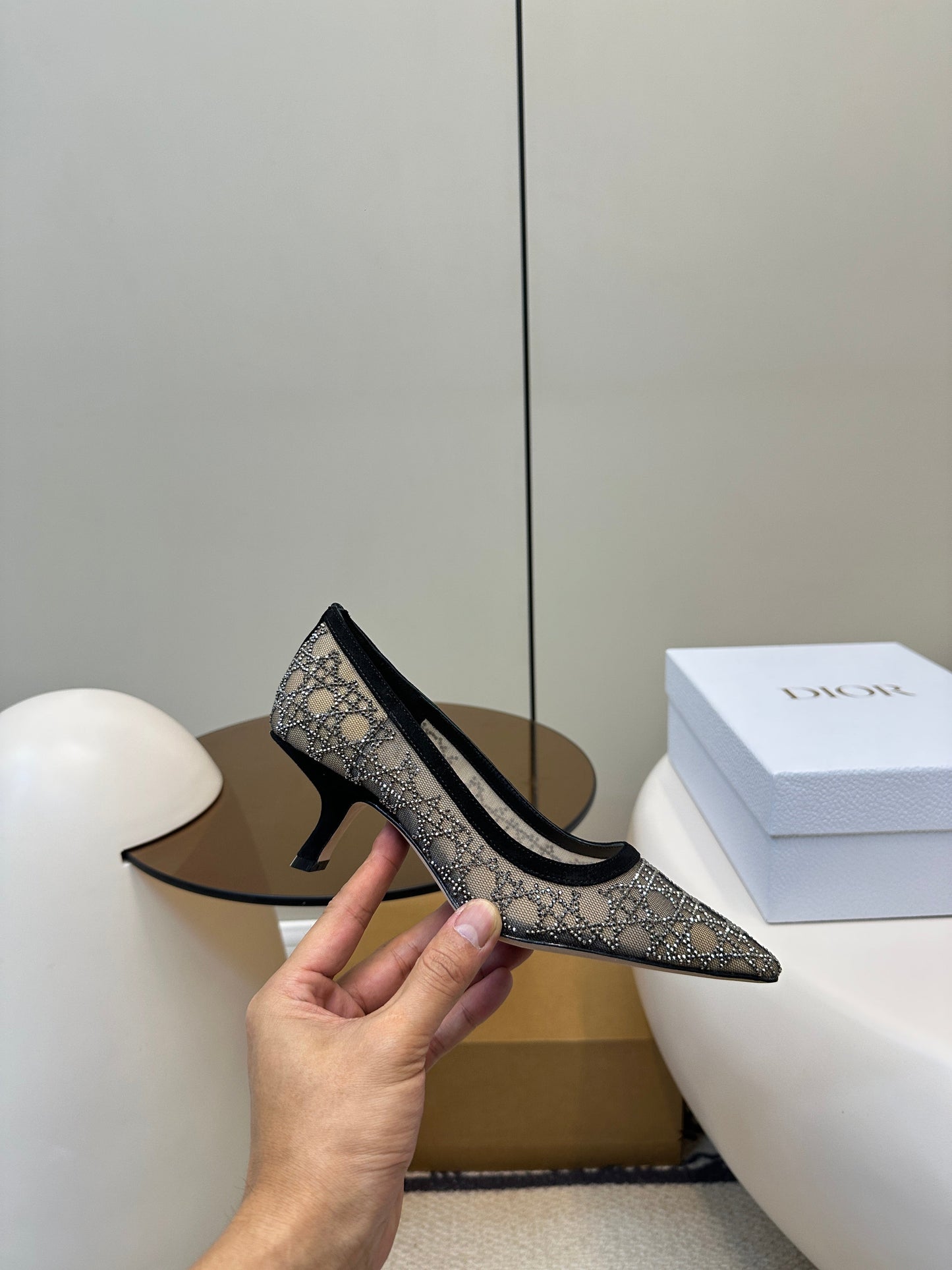POINTED TOE HEELS 55MM IN BLACK MESH WITH RHINESTONES - 35