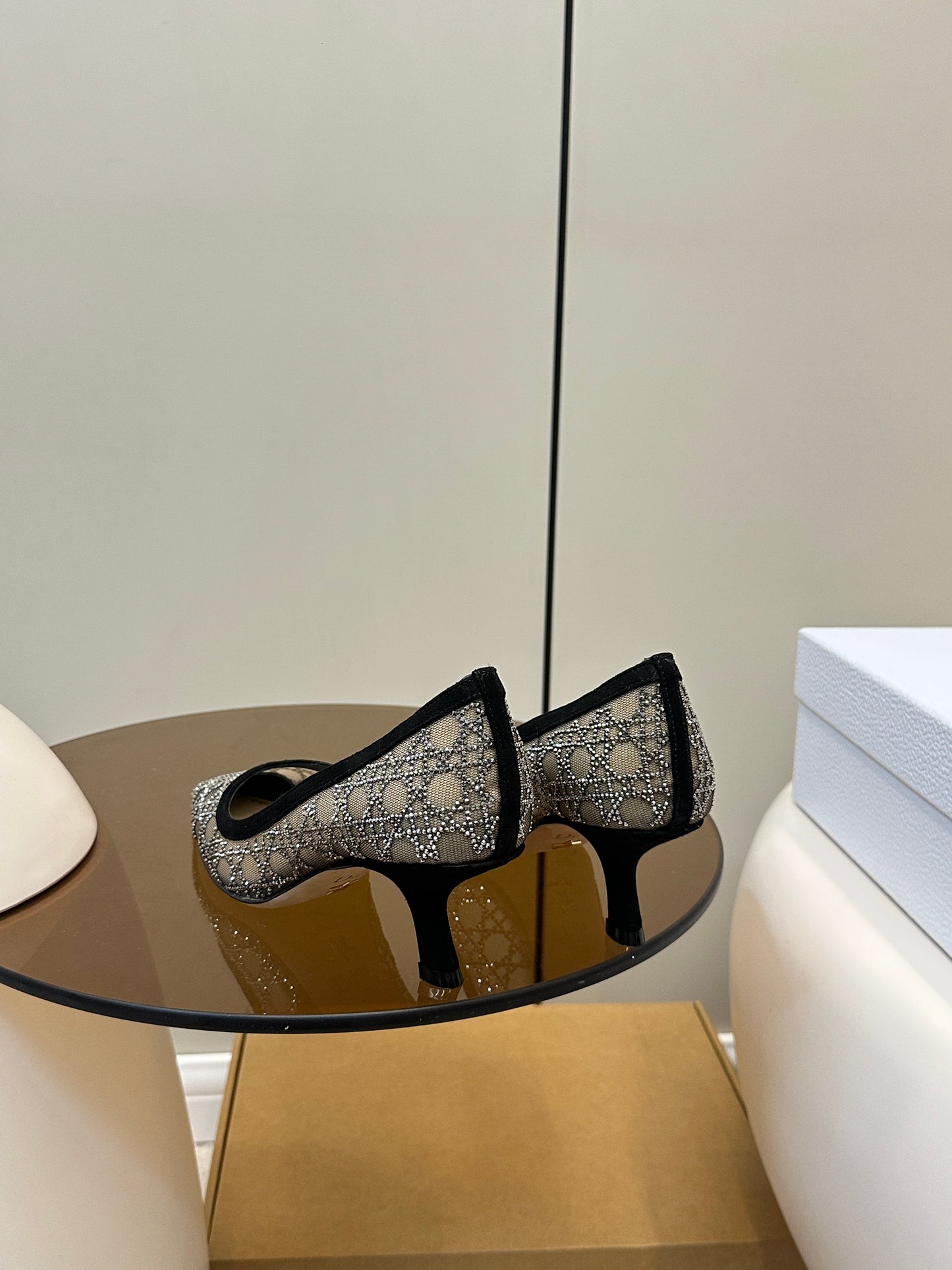 POINTED TOE HEELS 55MM IN BLACK MESH WITH RHINESTONES - 35