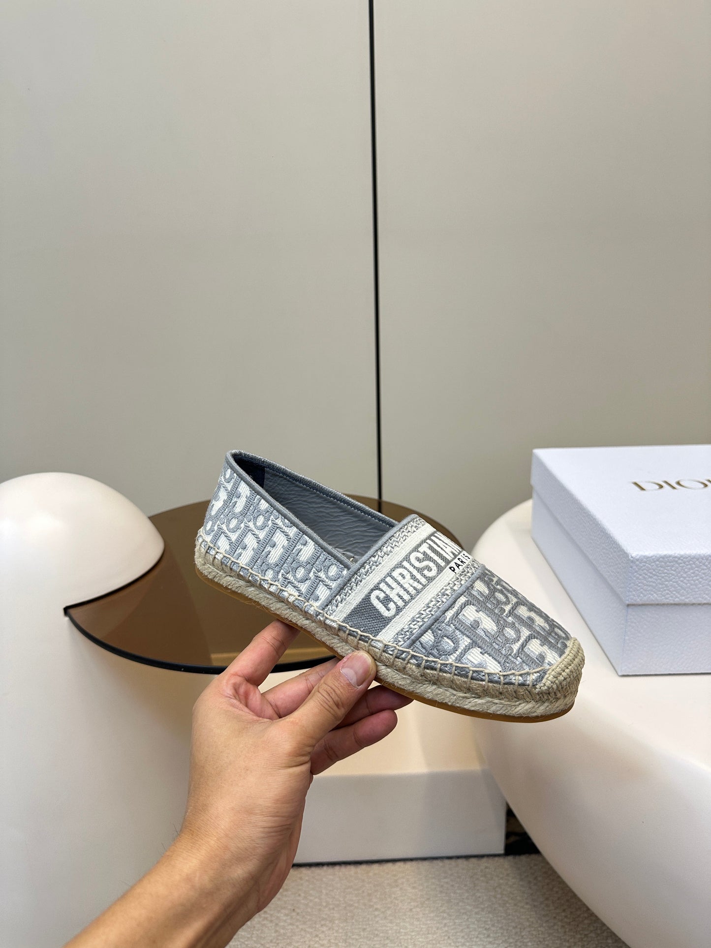 GRANVILLE ESPADRILLES FLAT 25S IN GRAY OBLIQUE EMBROIDERED COTTON - 35