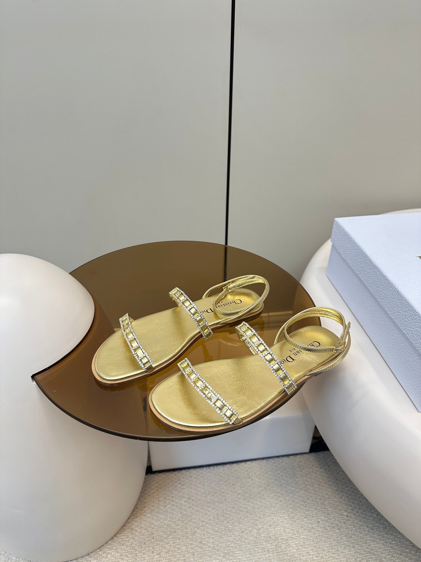 FLAT SANDALS 25S IN SHINY GOLD CALFSKIN RHINESTONES STRAP - 35
