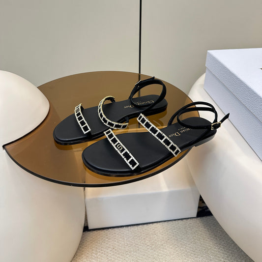 FLAT SANDALS 25S IN BLACK CALFSKIN RHINESTONES STRAP - 35